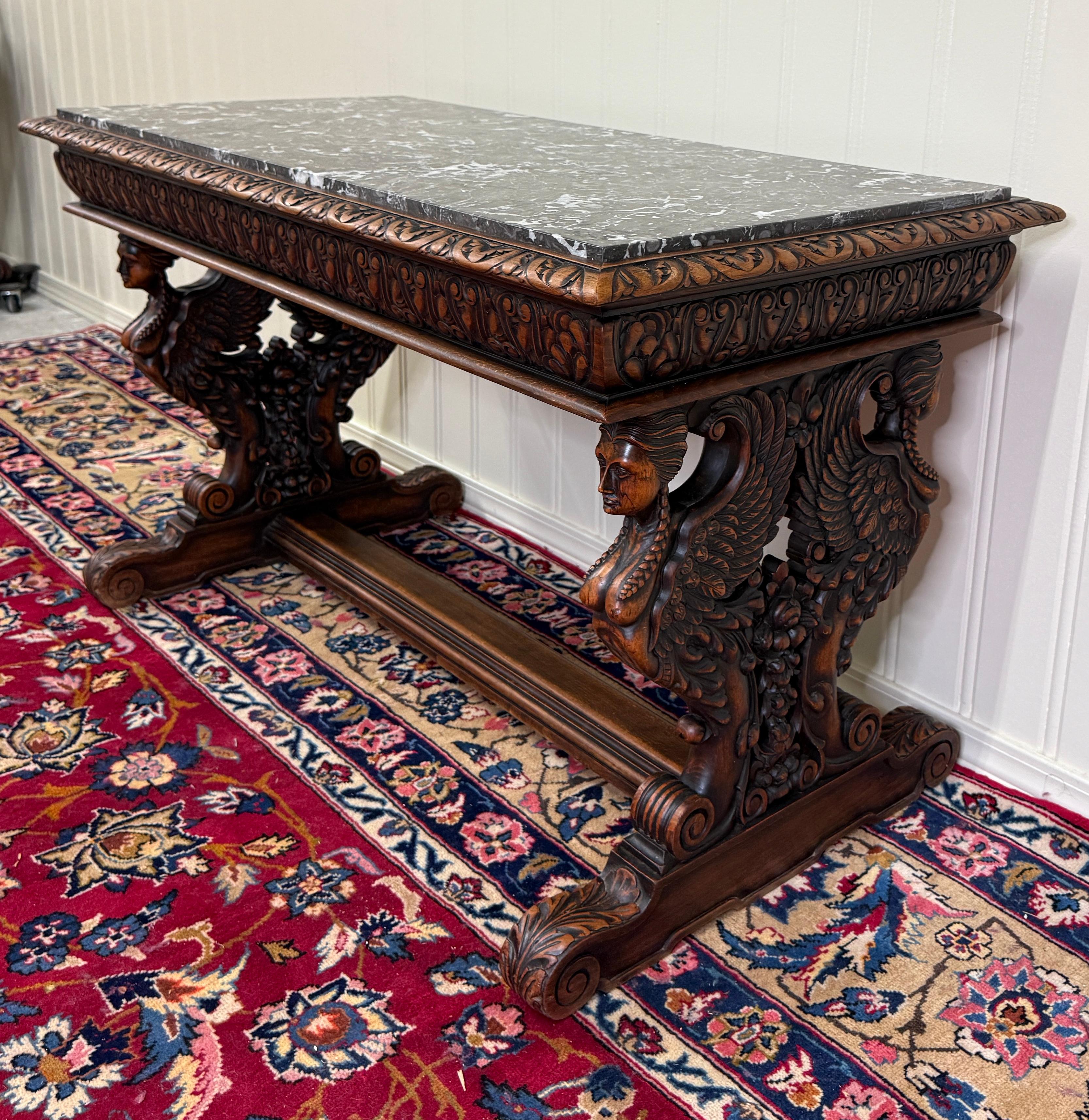 Antique French Coffee Table Bench Window Seat Marble Top Oak Renaissance Revival For Sale 7