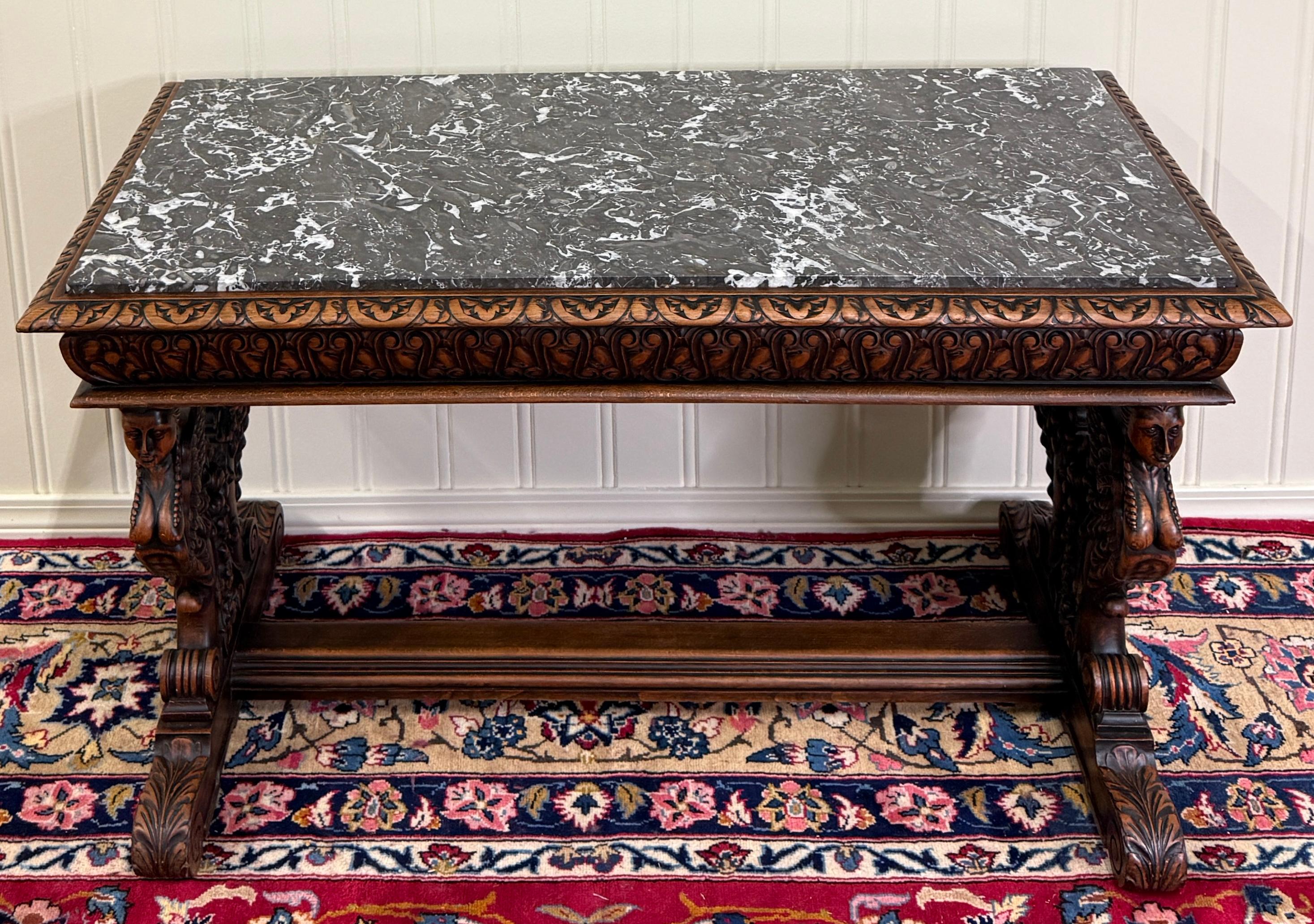 Antique French Coffee Table Bench Window Seat Marble Top Oak Renaissance Revival For Sale 10