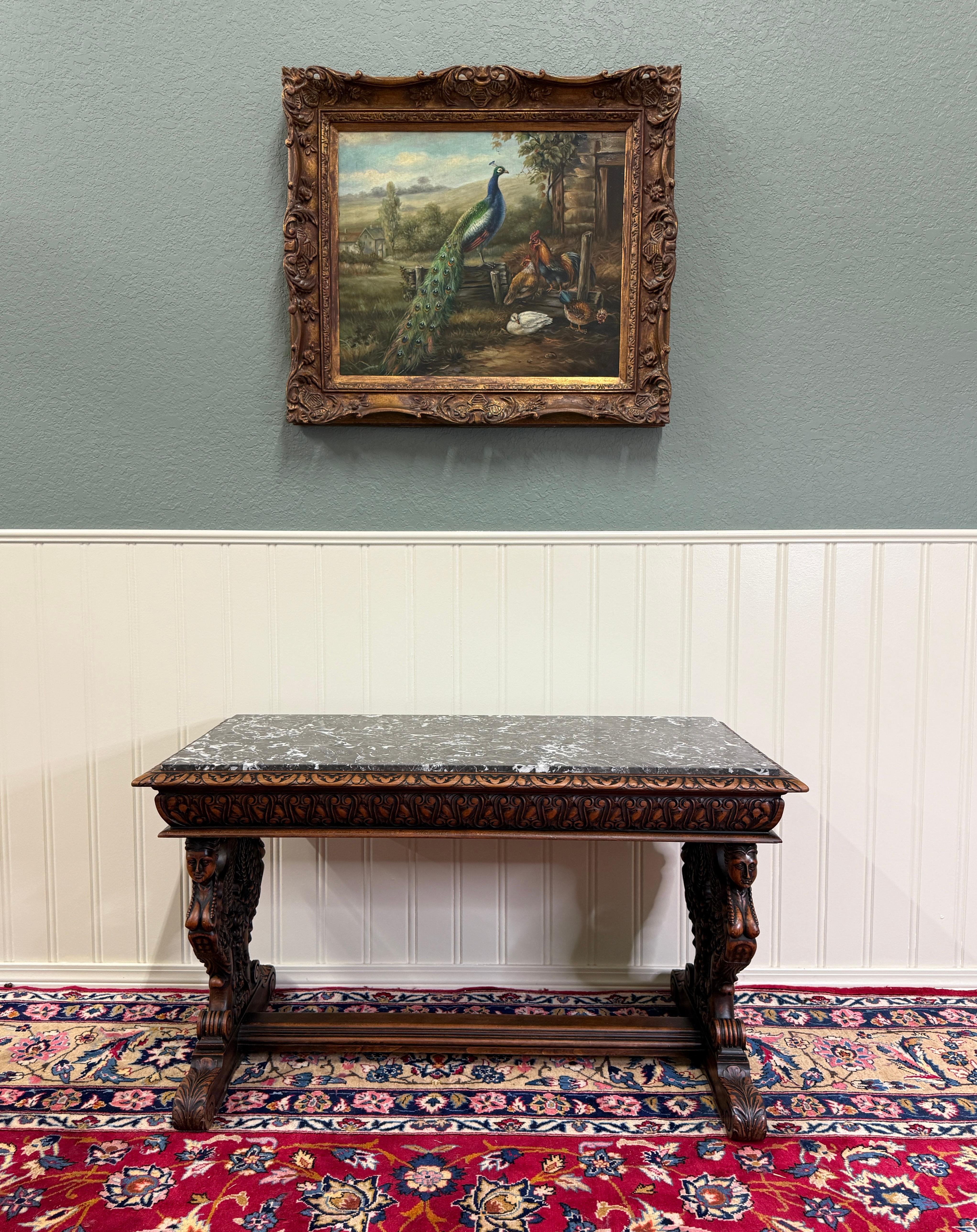 Antique French Coffee Table Bench Window Seat Marble Top Oak Renaissance Revival For Sale 11