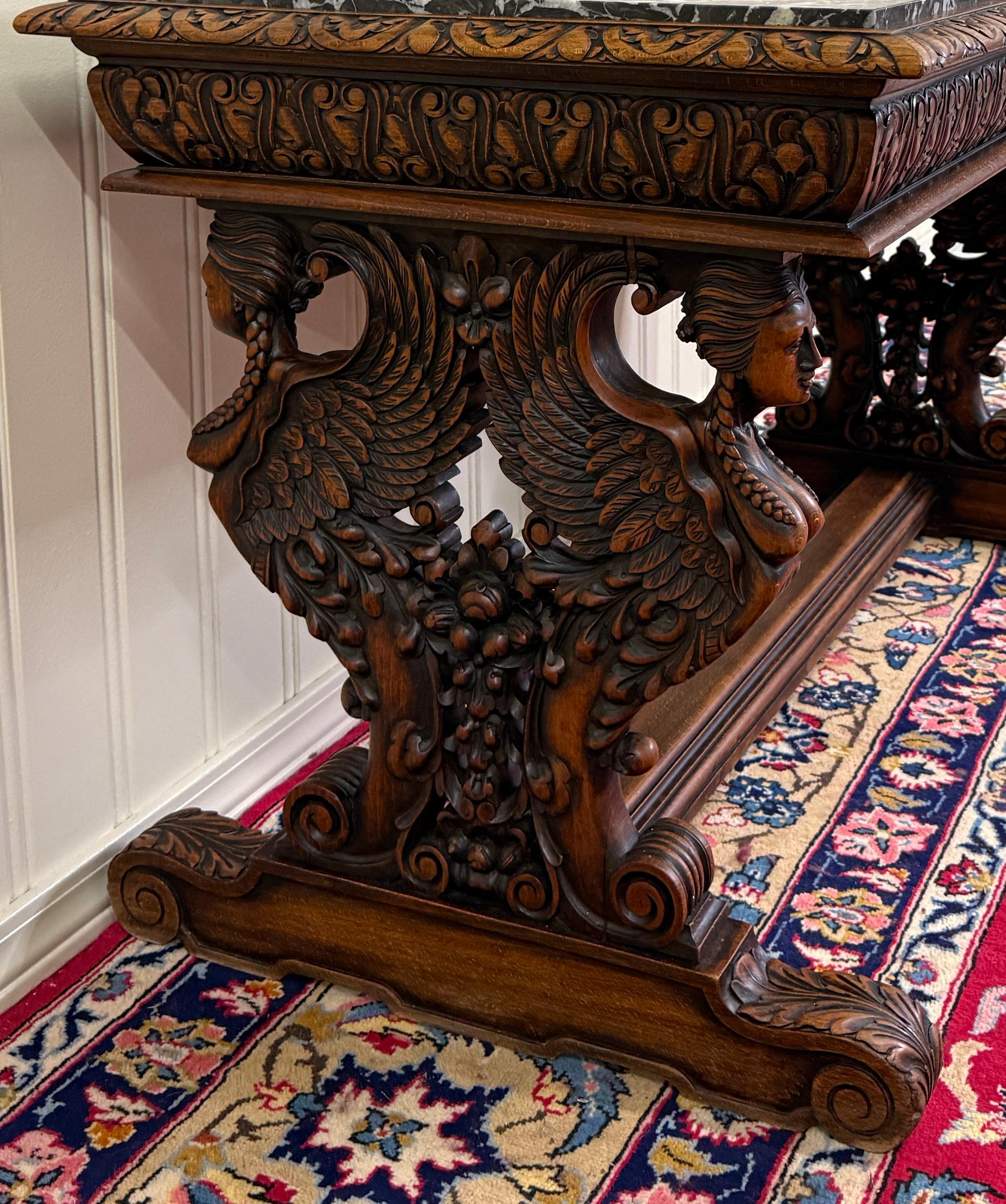 Antique French Coffee Table Bench Window Seat Marble Top Oak Renaissance Revival For Sale 12