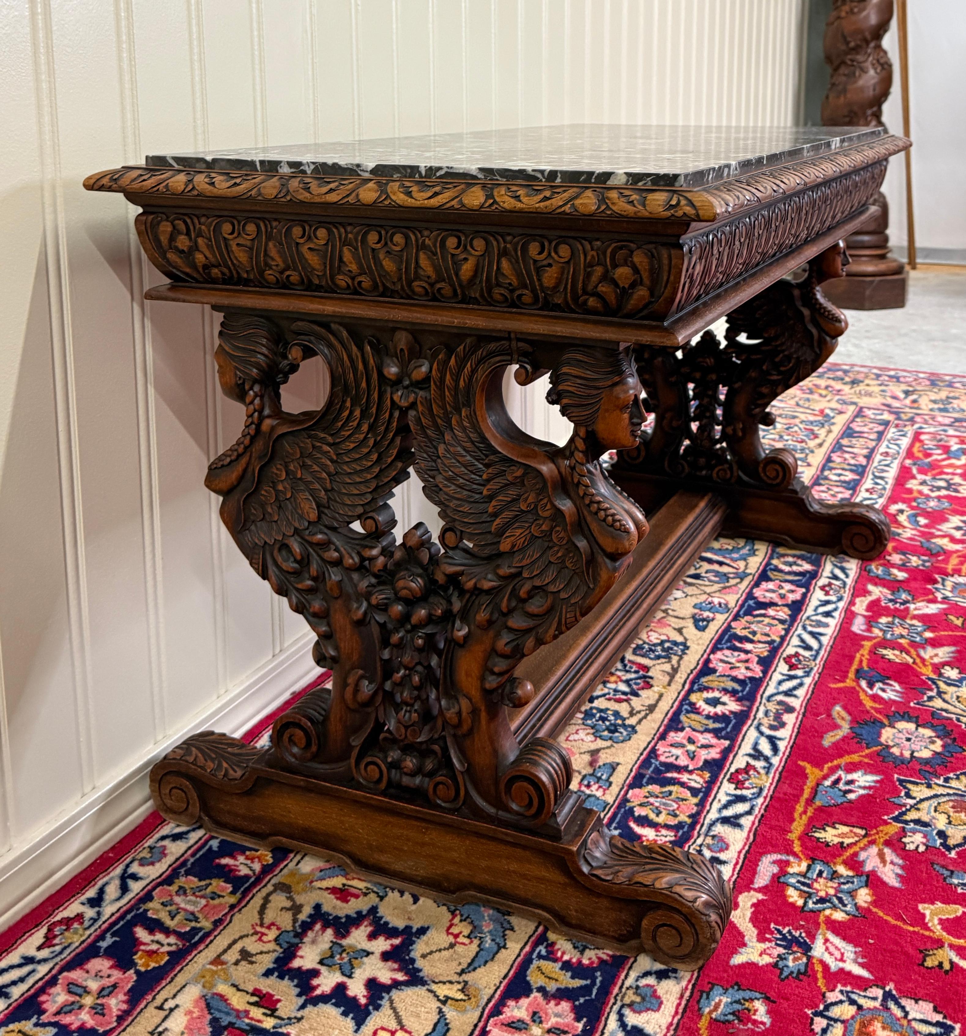 Antique French Coffee Table Bench Window Seat Marble Top Oak Renaissance Revival For Sale 13