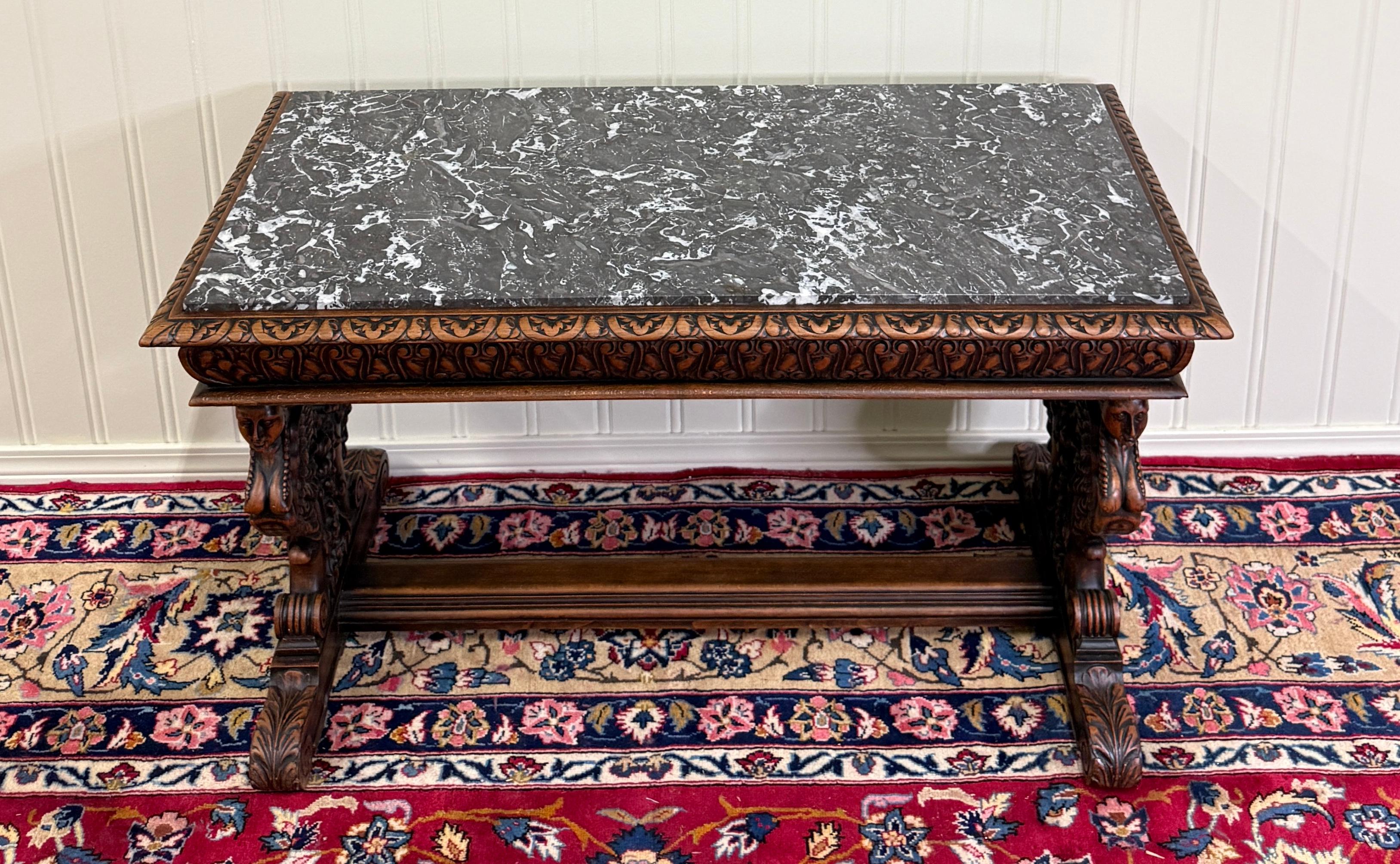 Antique French Coffee Table Bench Window Seat Marble Top Oak Renaissance Revival For Sale 14