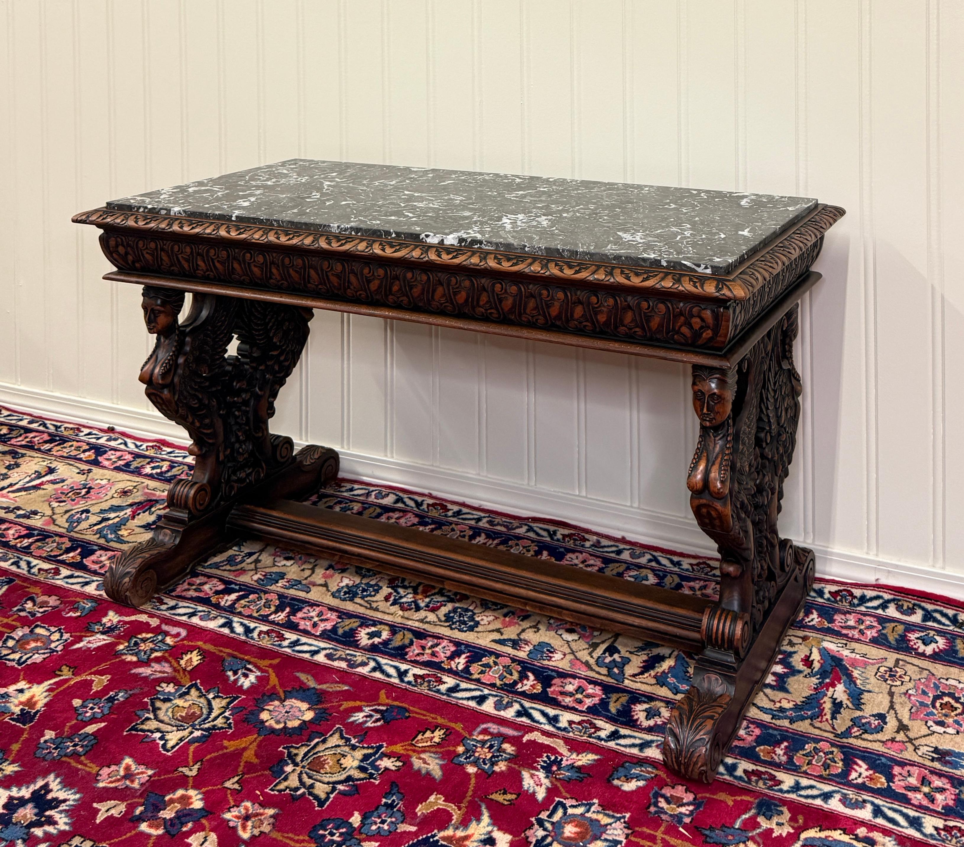 UNIQUE Carved Oak French Renaissance Revival Coffee Table, Bench or Window Seat/Settee with Grey Marble Top~~c. 1900-1920s

 Beautifully carved 
