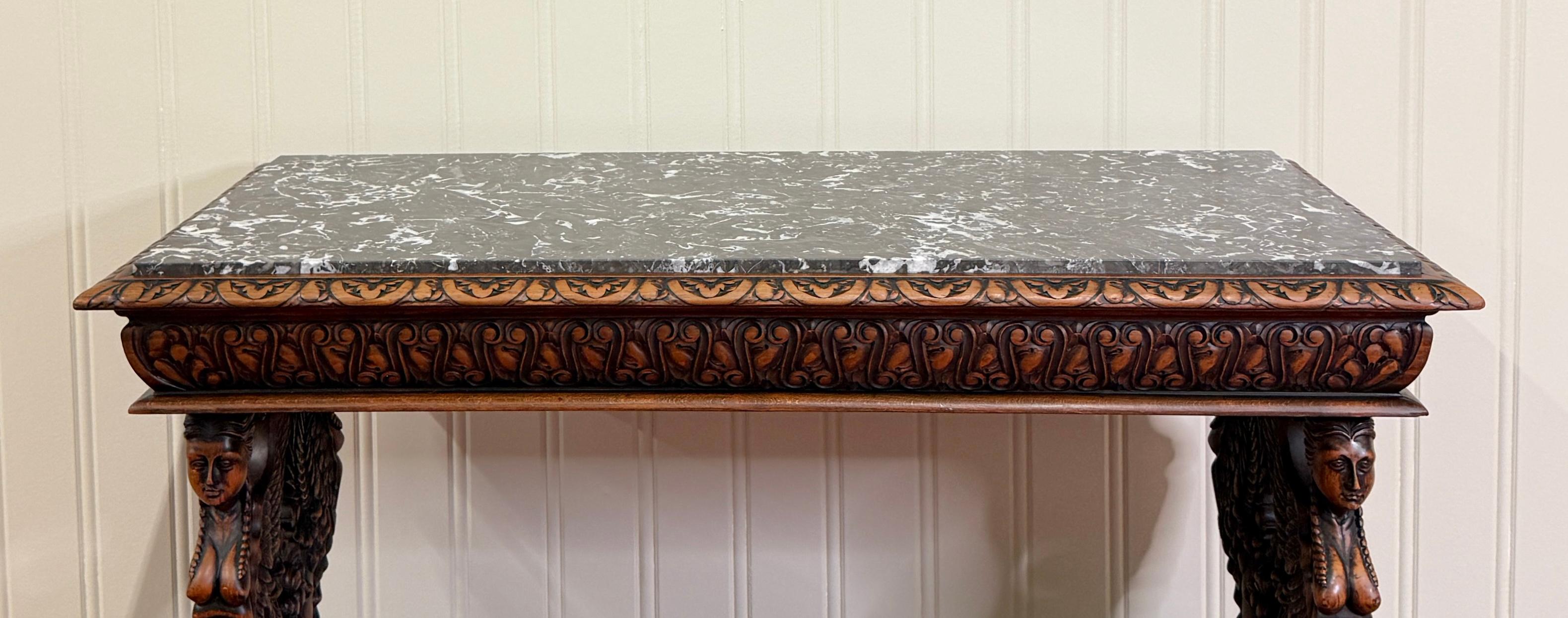 Antique French Coffee Table Bench Window Seat Marble Top Oak Renaissance Revival For Sale 15