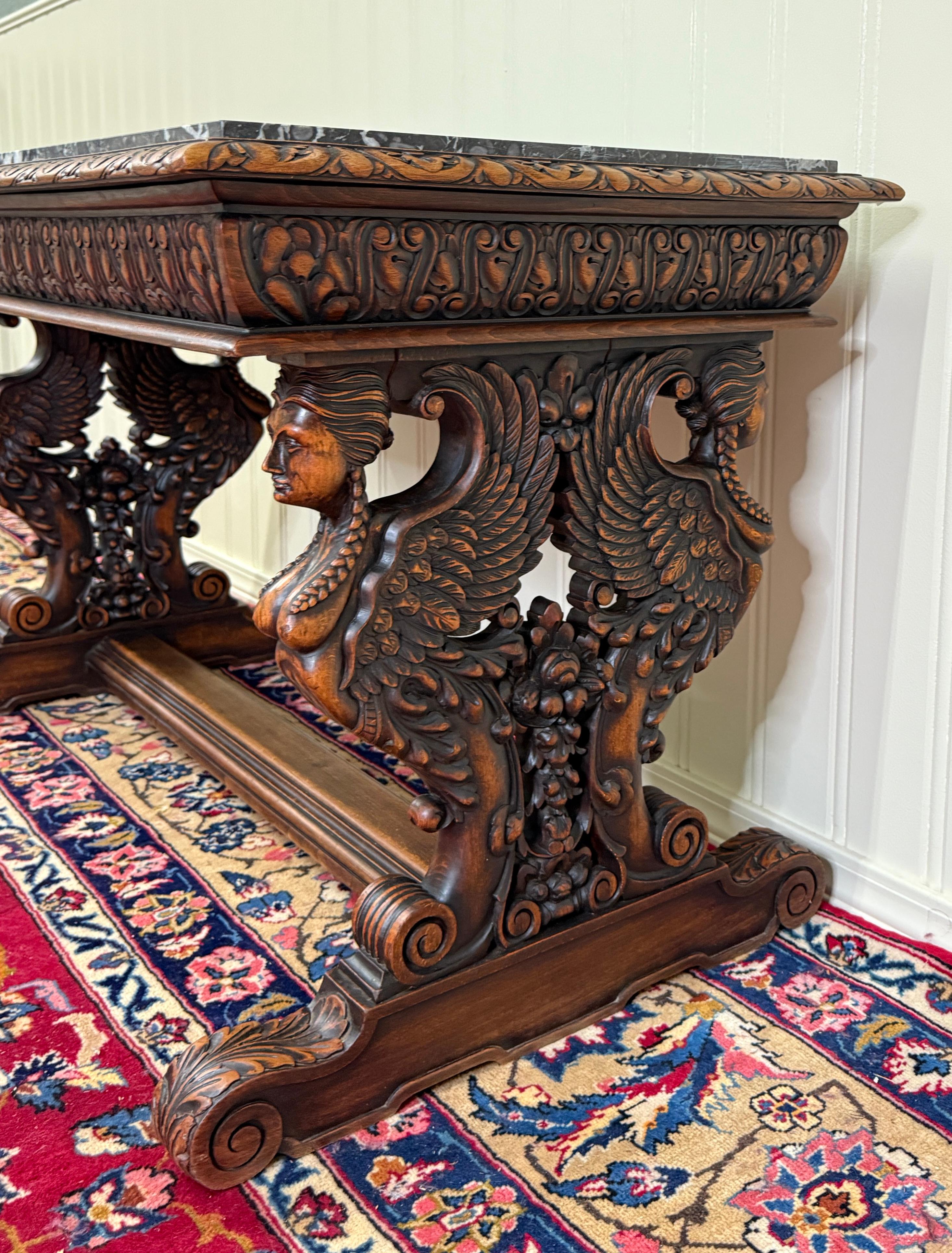 Carved Antique French Coffee Table Bench Window Seat Marble Top Oak Renaissance Revival For Sale