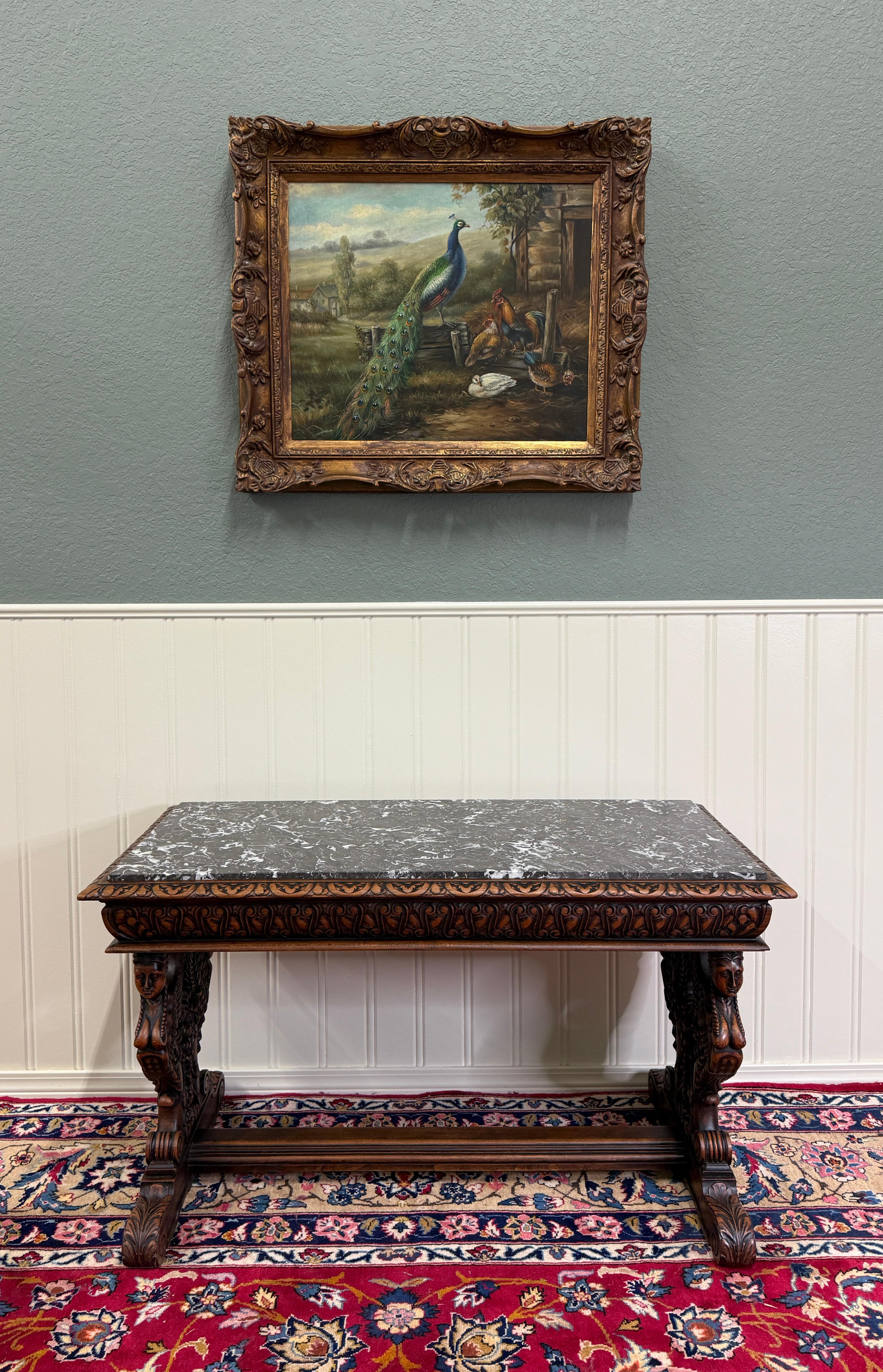 Antique French Coffee Table Bench Window Seat Marble Top Oak Renaissance Revival In Good Condition For Sale In Tyler, TX