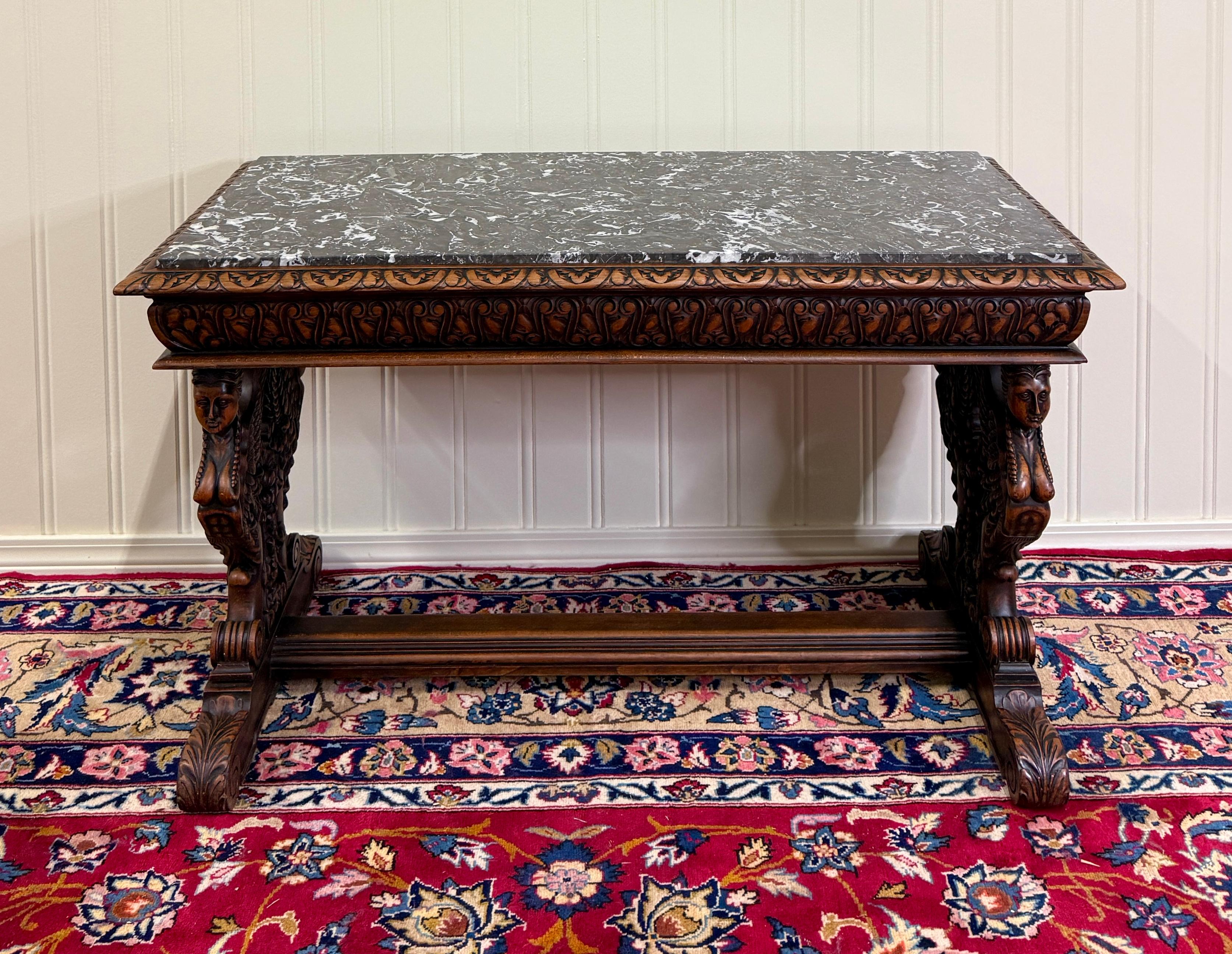 Early 20th Century Antique French Coffee Table Bench Window Seat Marble Top Oak Renaissance Revival For Sale