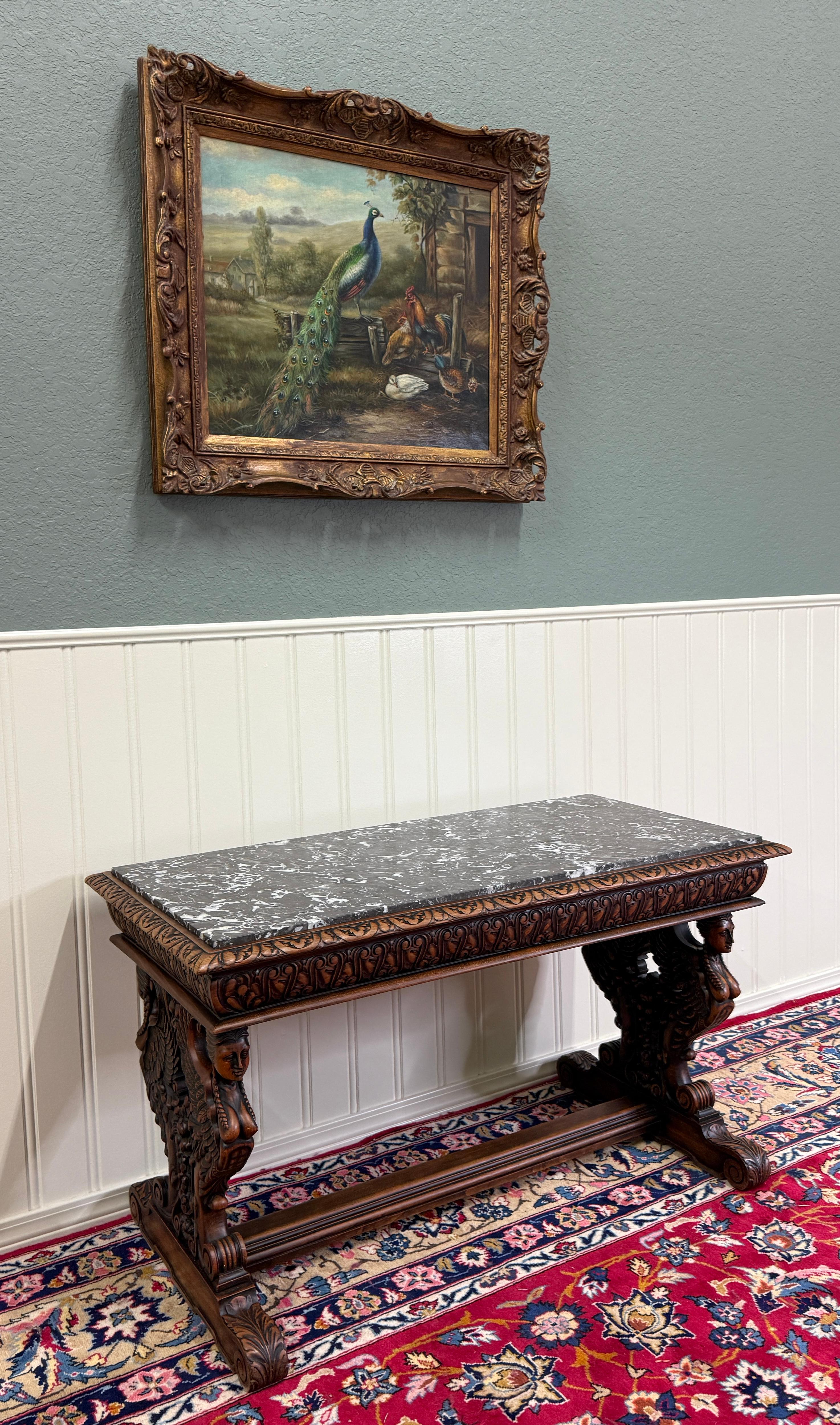 Antique French Coffee Table Bench Window Seat Marble Top Oak Renaissance Revival For Sale 2