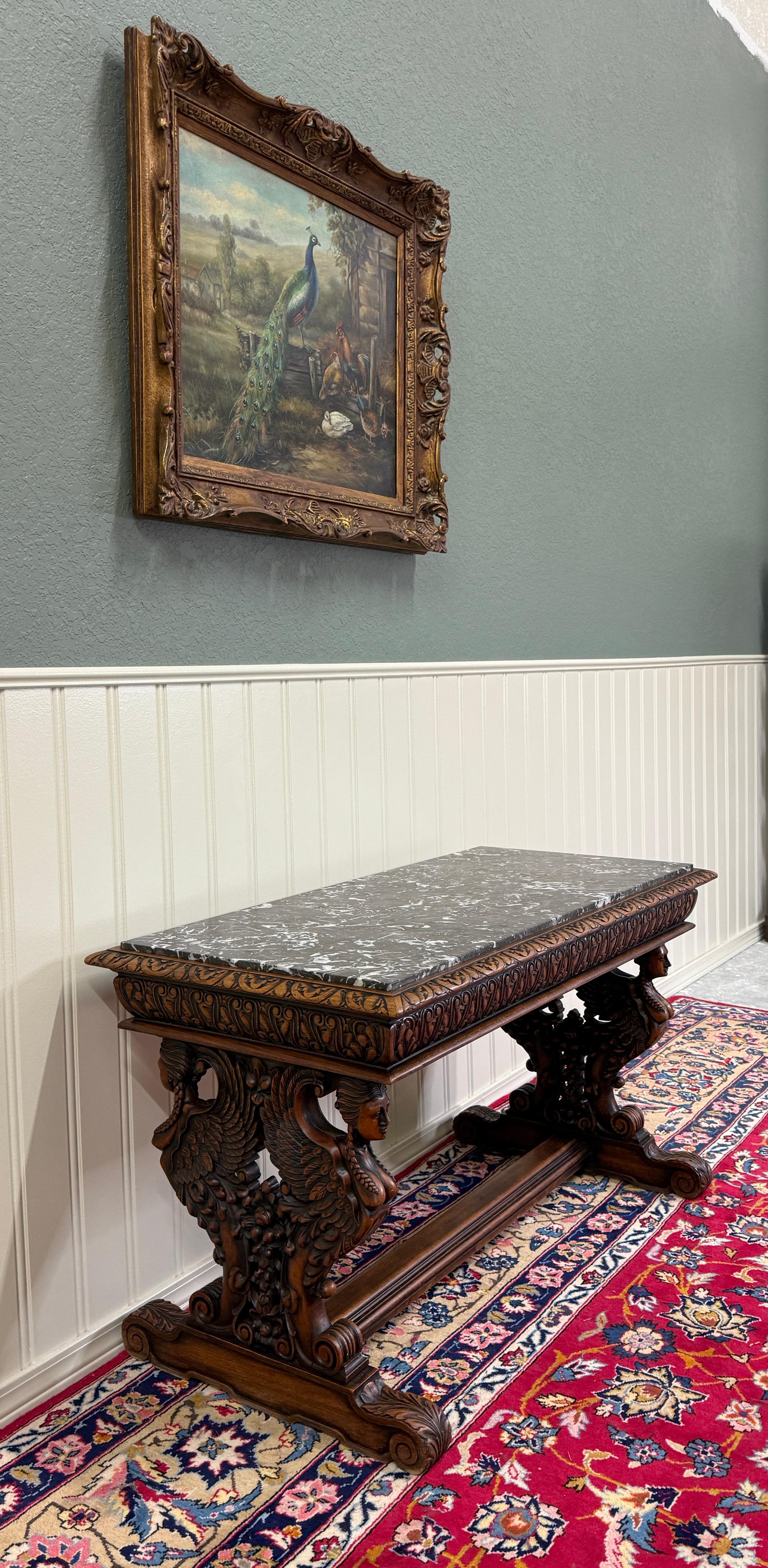 Antique French Coffee Table Bench Window Seat Marble Top Oak Renaissance Revival For Sale 3