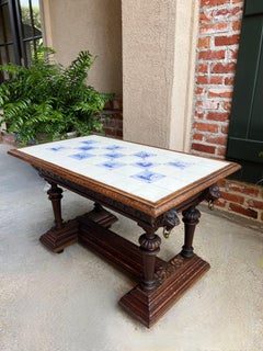 Antique French Coffee Table Renaissance Carved Oak White Blue Delft Tile Top