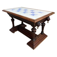 Antique French Coffee Table Renaissance Carved Oak White Blue Delft Tile Top