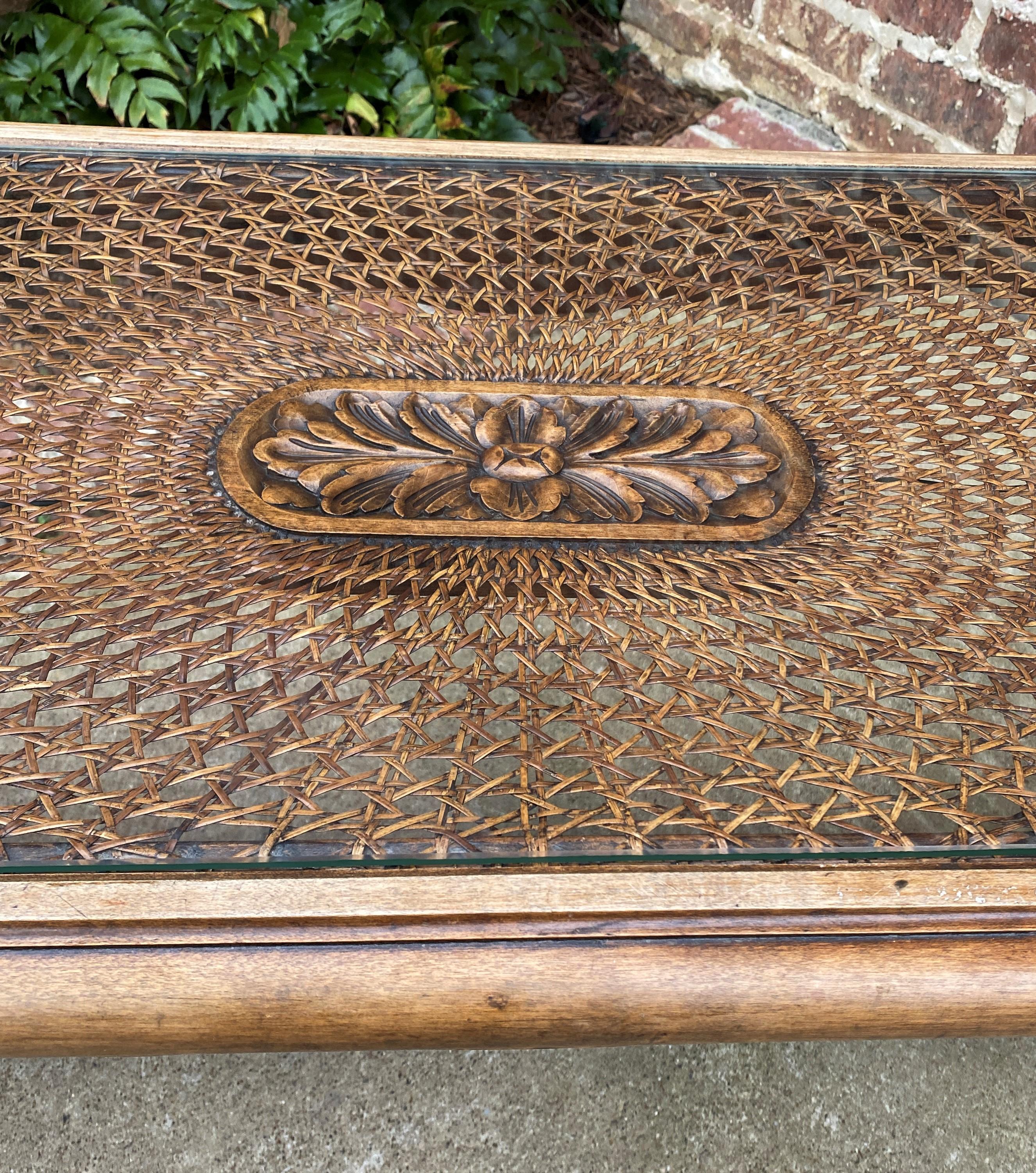 Antique French Coffee Table Renaissance Revival Cane Top Glass Walnut  5