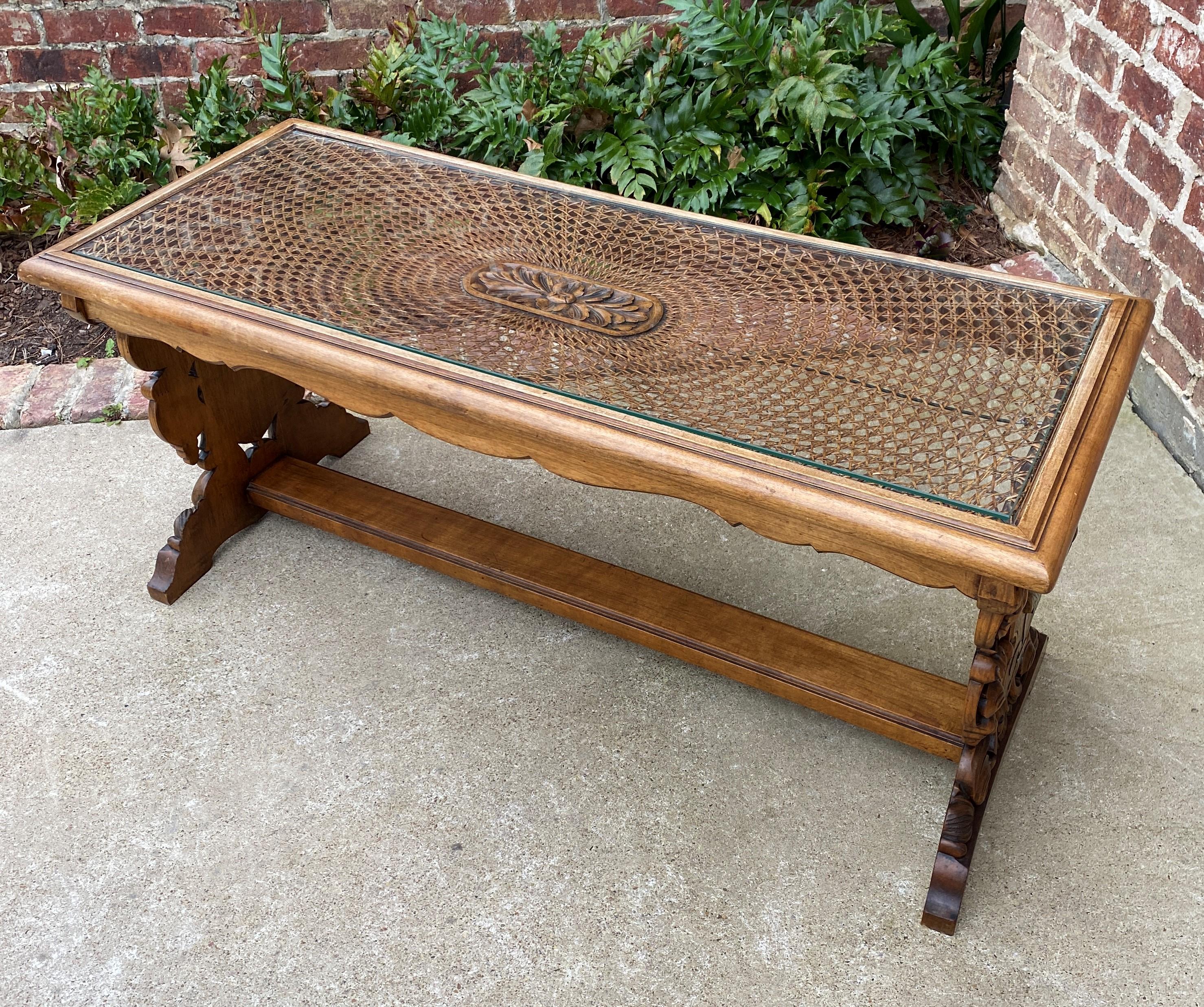 Antique French Coffee Table Renaissance Revival Cane Top Glass Walnut  12