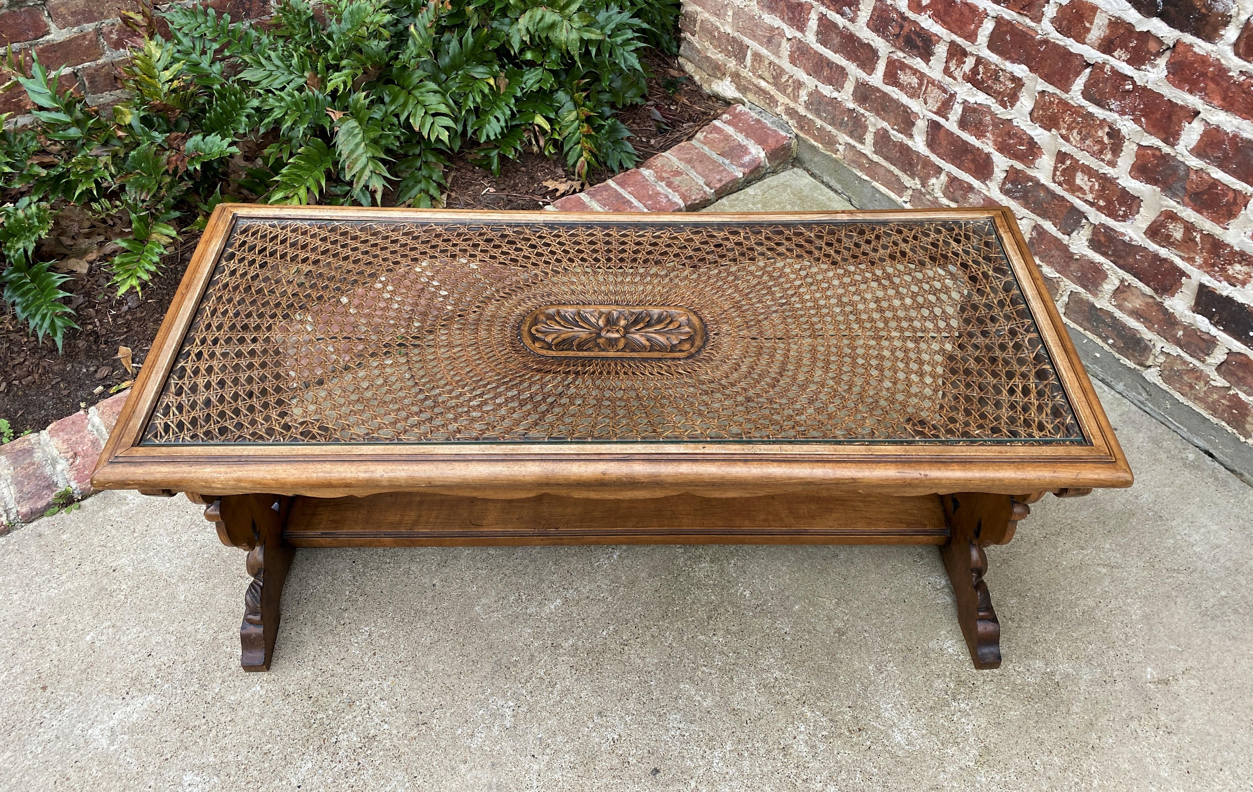 Early 20th Century Antique French Coffee Table Renaissance Revival Cane Top Glass Walnut 