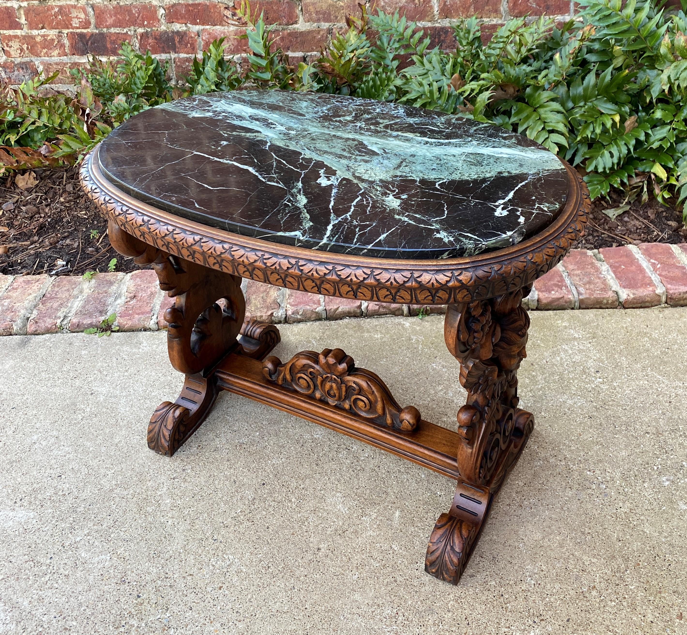 Antique French Coffee Table Renaissance Revival Cherub Green Marble Top Walnut 5