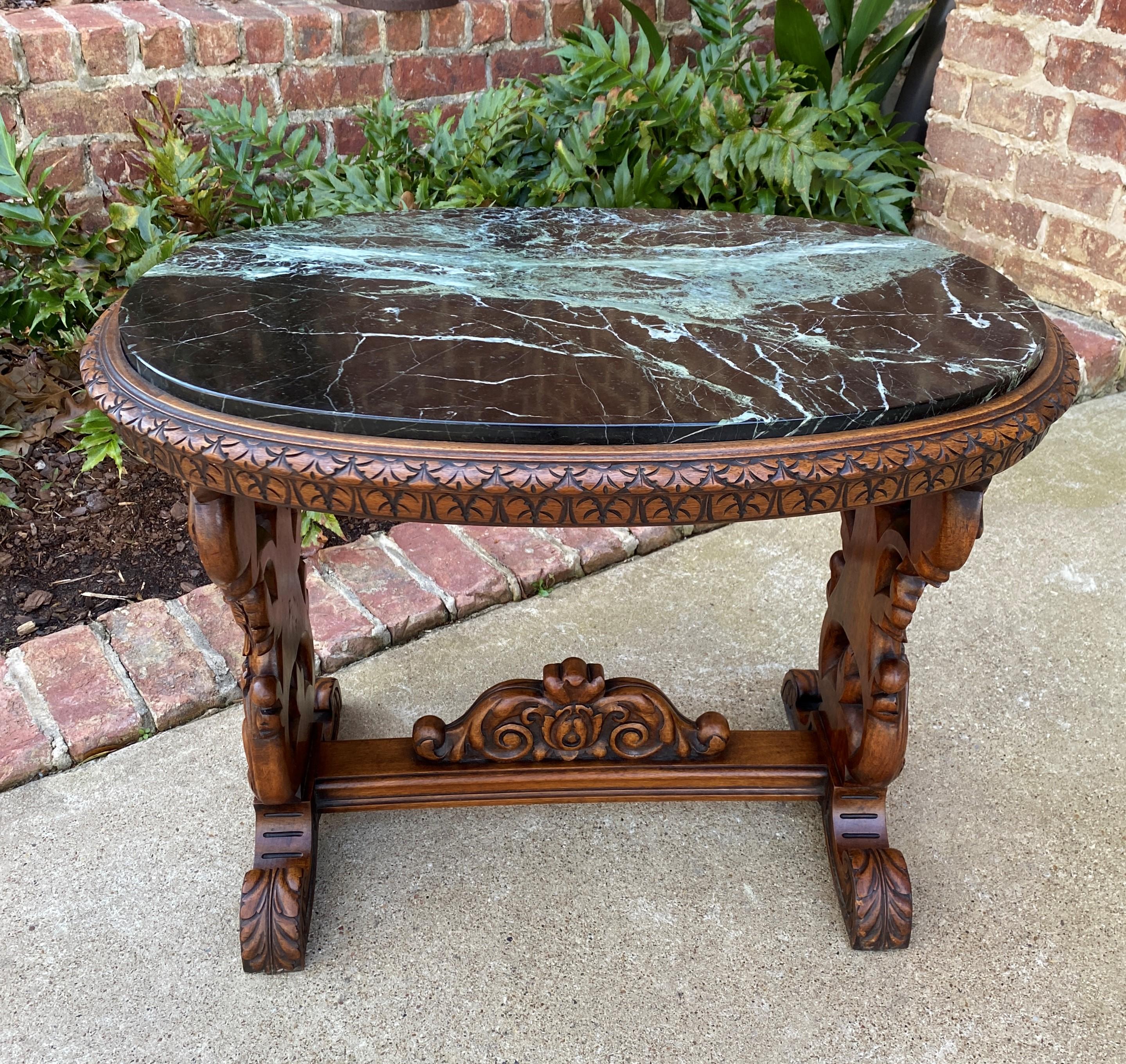 Antique French Coffee Table Renaissance Revival Cherub Green Marble Top Walnut 8