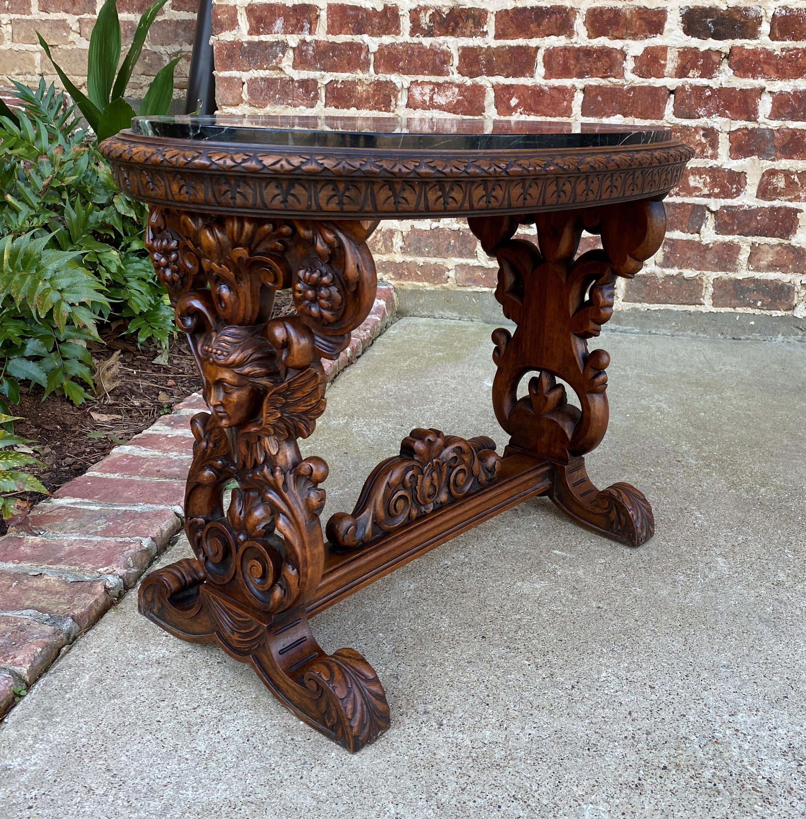 Antique French Coffee Table Renaissance Revival Cherub Green Marble Top Walnut In Good Condition In Tyler, TX
