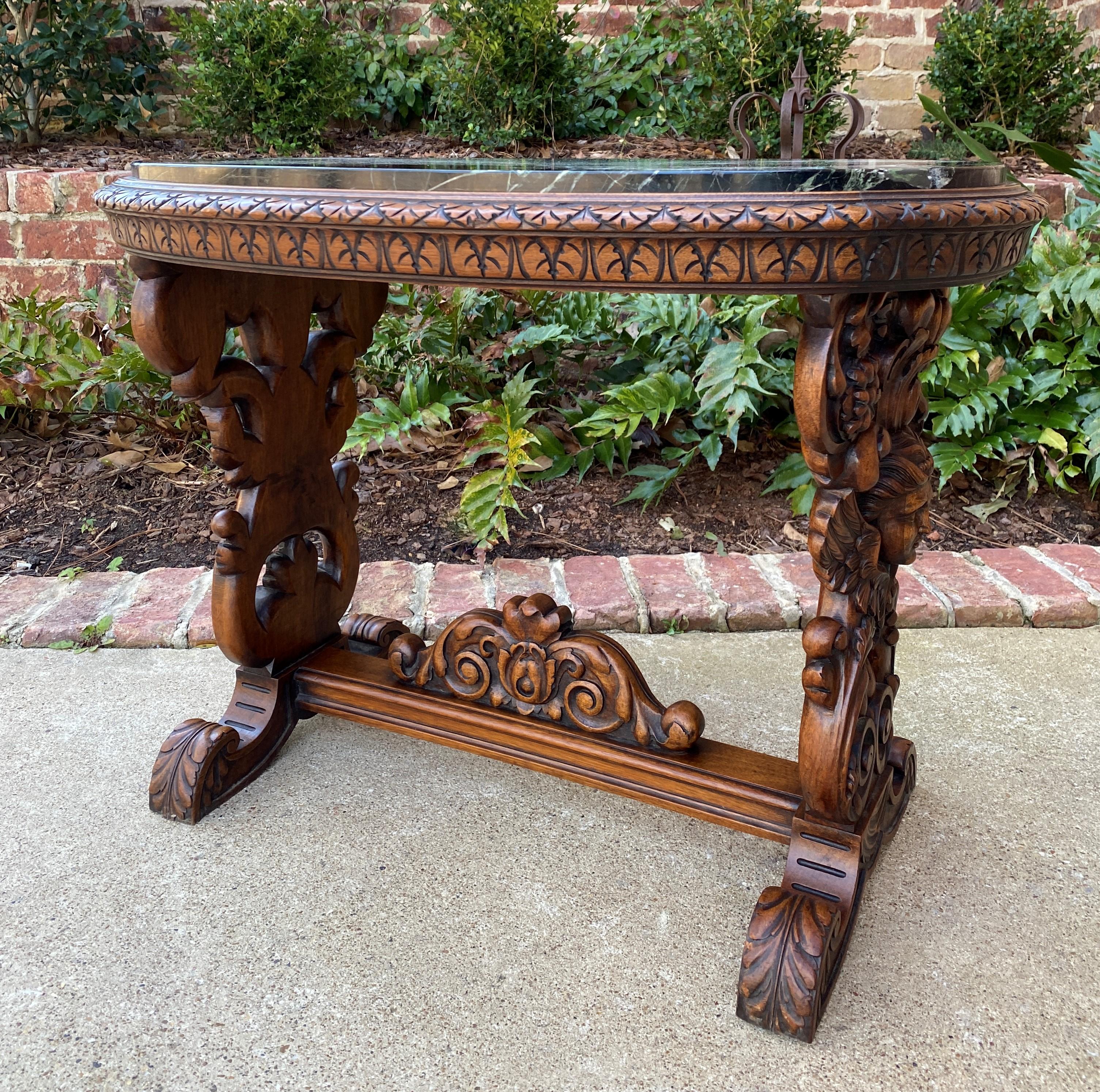 Early 20th Century Antique French Coffee Table Renaissance Revival Cherub Green Marble Top Walnut