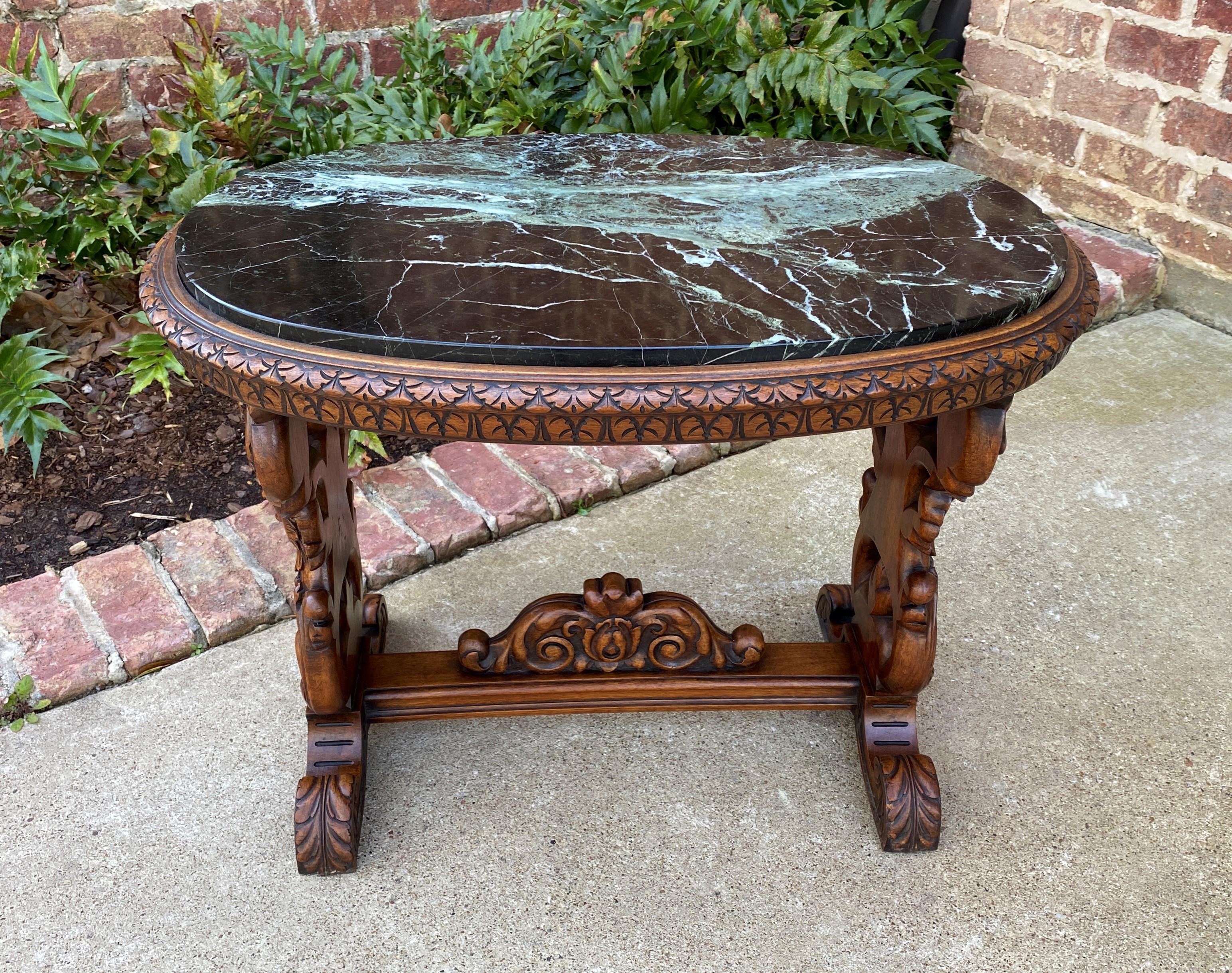 Antique French Coffee Table Renaissance Revival Cherub Green Marble Top Walnut 3