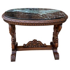 Antique French Coffee Table Renaissance Revival Cherub Green Marble Top Walnut