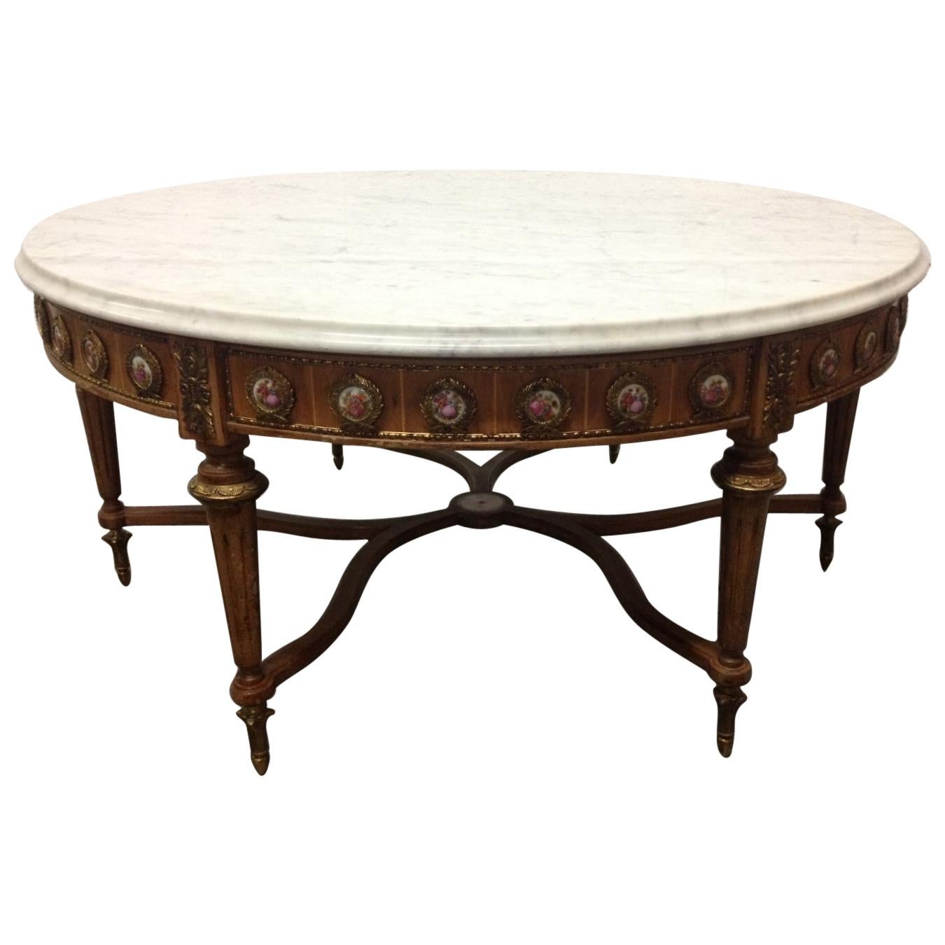Antique French Coffee Table with Porcelain Sevres Plaques For Sale