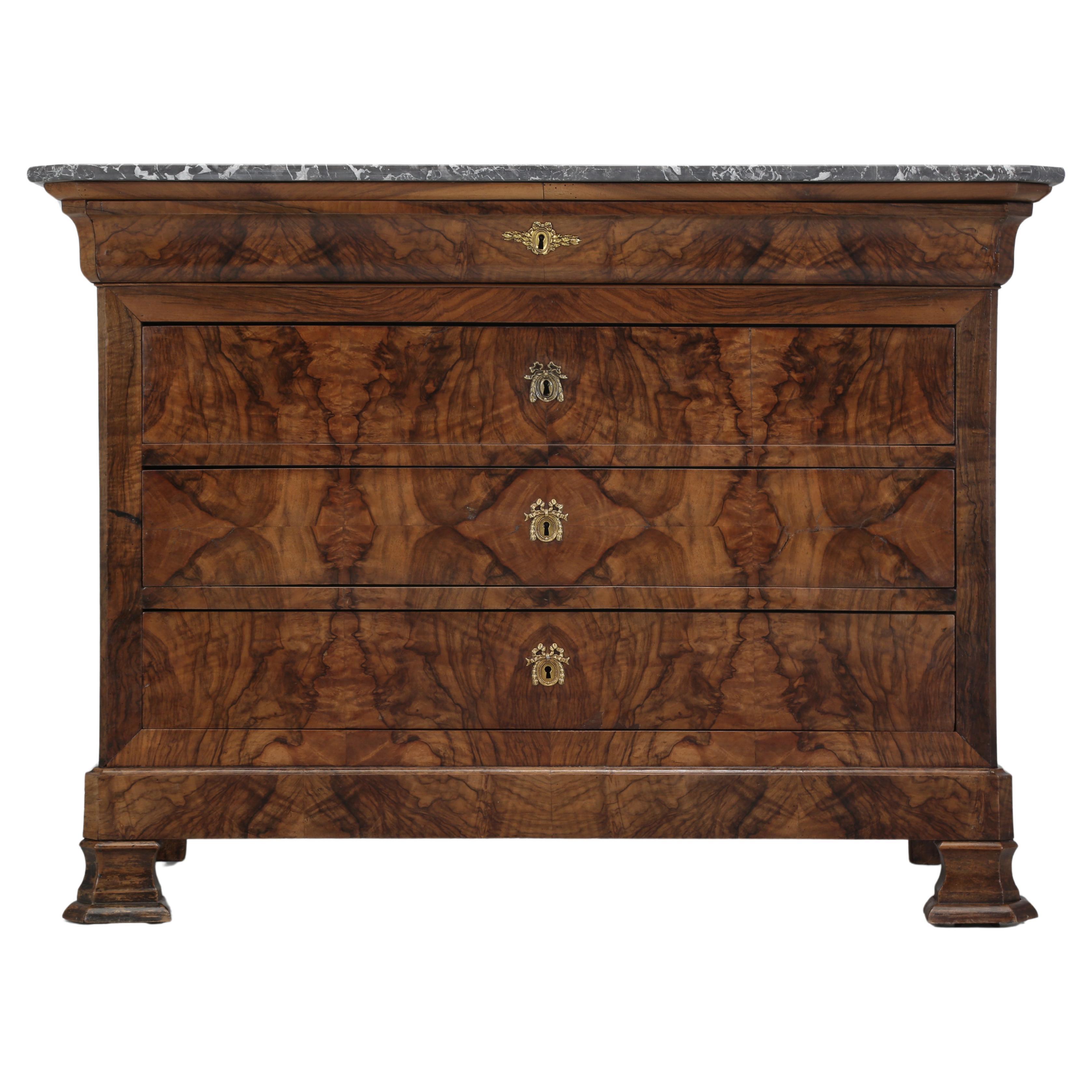 Antique French Commode Louis Philippe Style Burl Walnut Book-Matched Marble Top For Sale