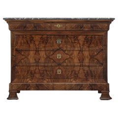 Antique French Commode Louis Philippe Style Burl Walnut Book-Matched Marble Top