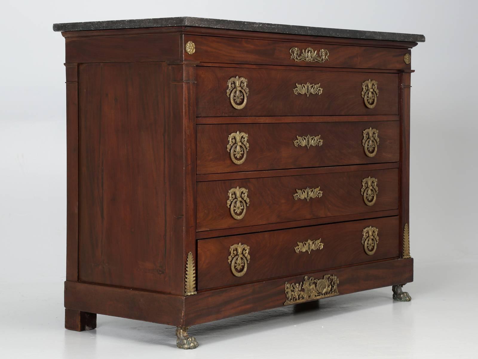 Our antique French Commode or Dresser, was constructed during the Bourbon Restoration period of French history, following the demise of Napoleon in 1814, until the July Revolution of 1830. The brothers of Louis XVI of France, came into power and
