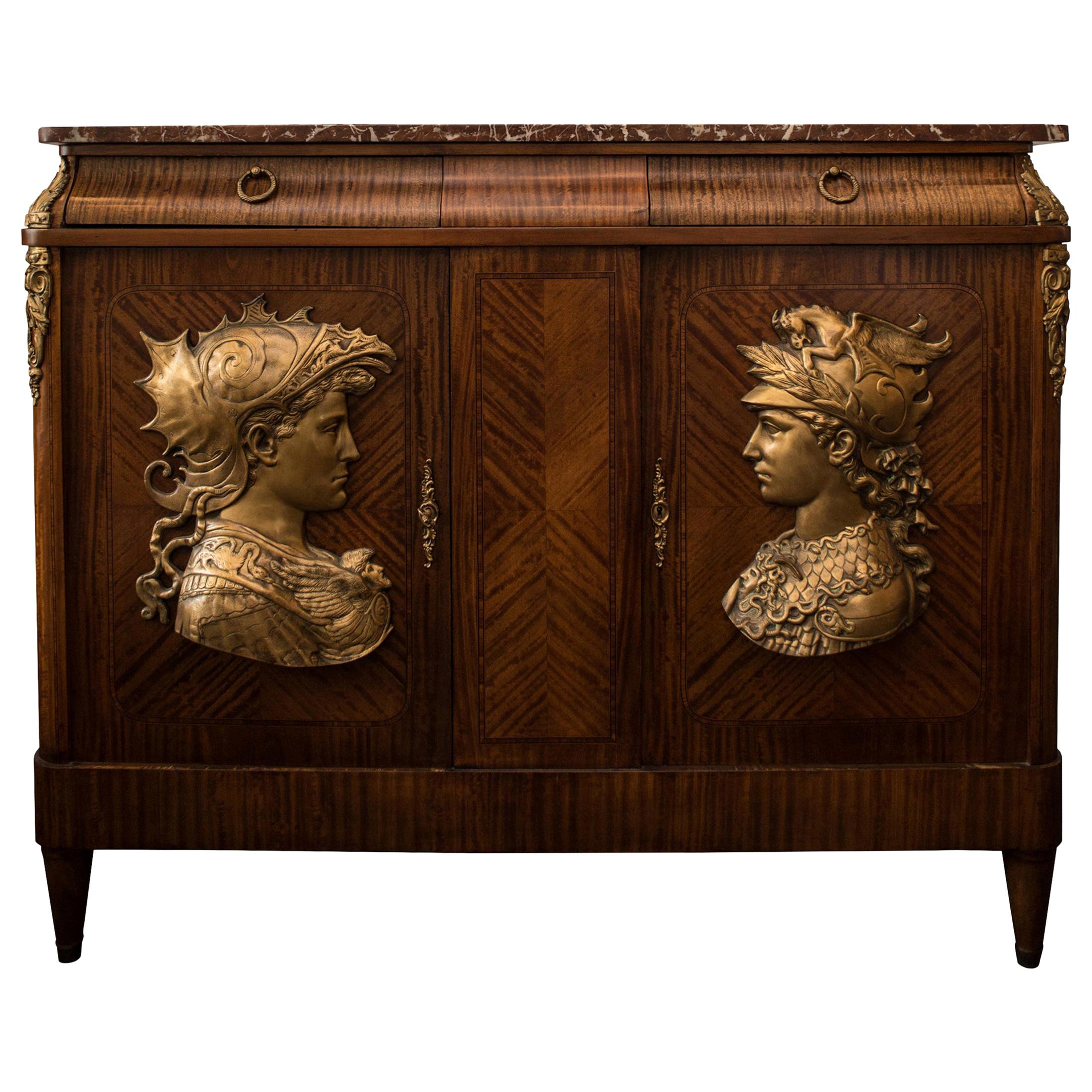 Antique French Commode with Bronze Reliefs and Red Breccia Marble Top For Sale