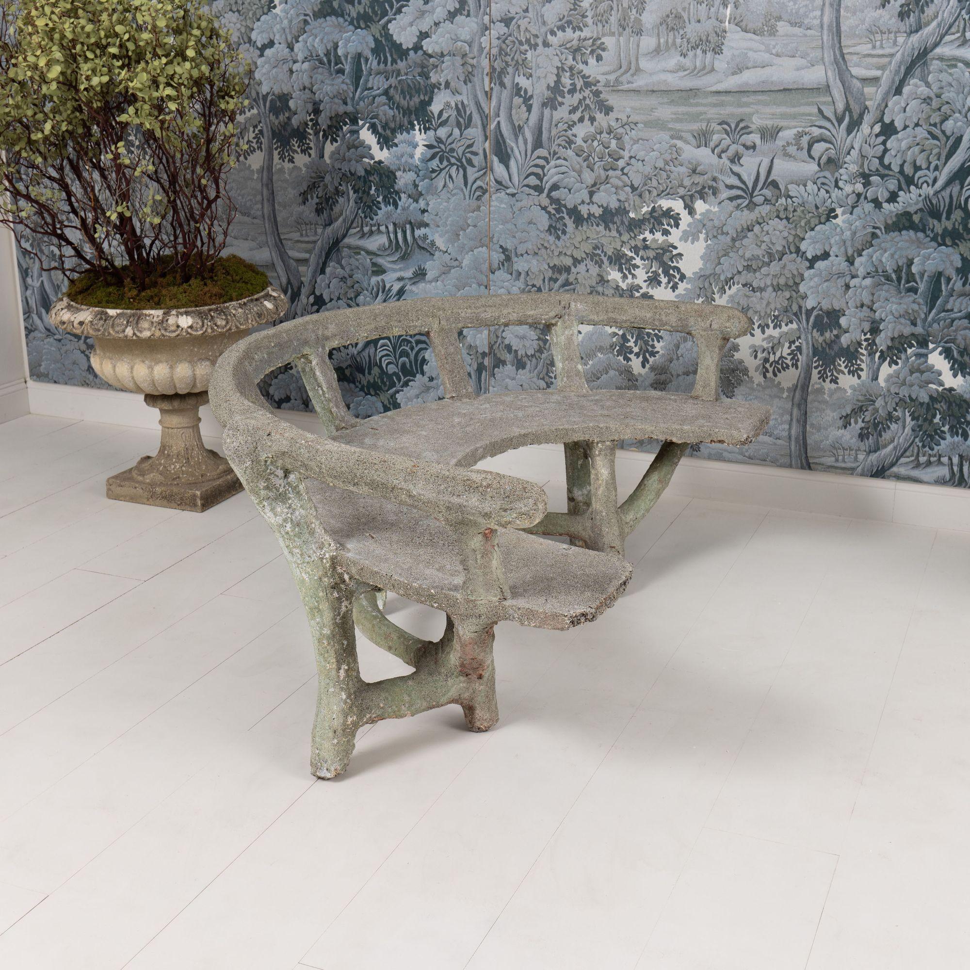Antique French Faux Bois Concrete Demi Lune Banco de jardín en venta 2