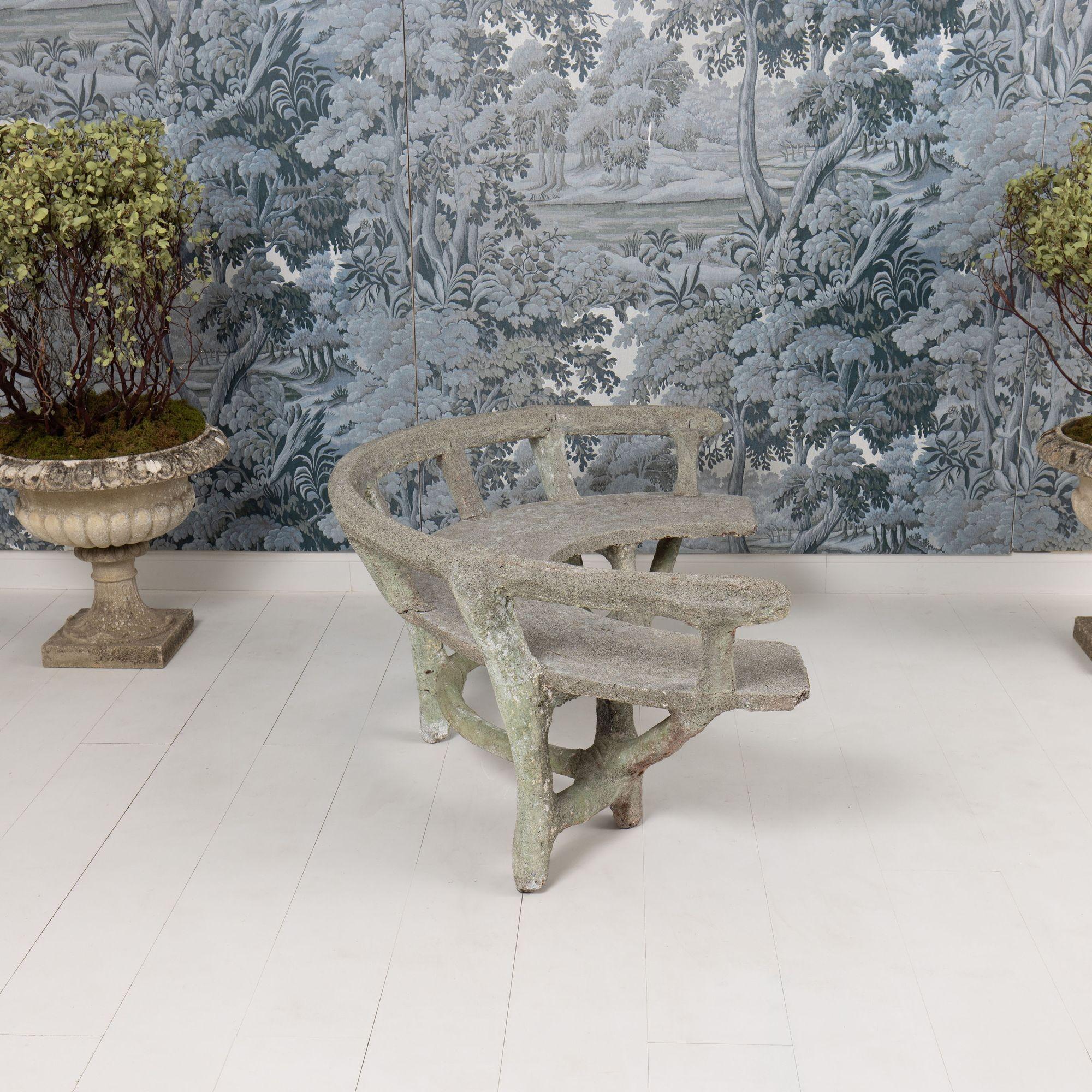 Antique French Faux Bois Concrete Demi Lune Banco de jardín en venta 3