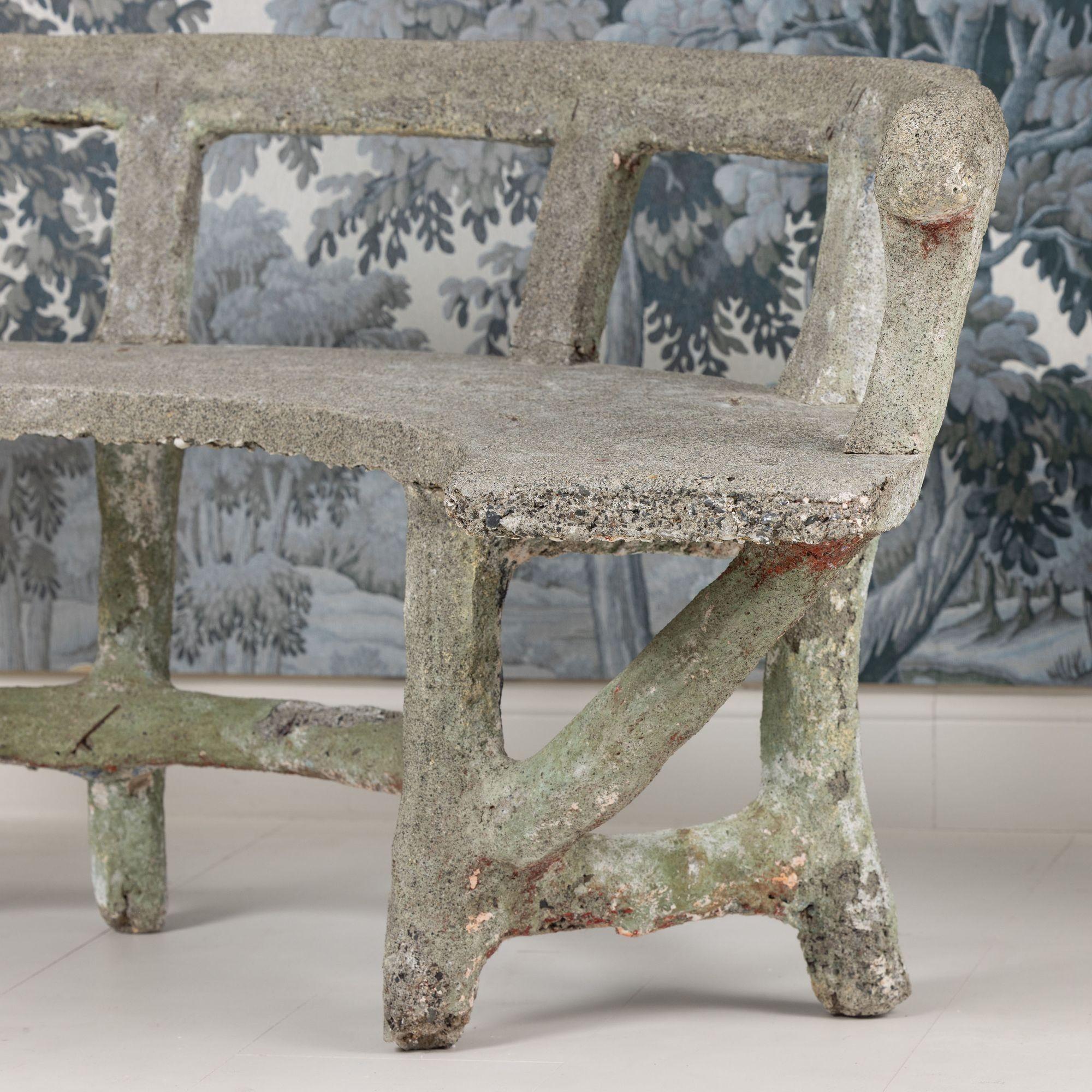 Antique French Faux Bois Concrete Demi Lune Banco de jardín en venta 7