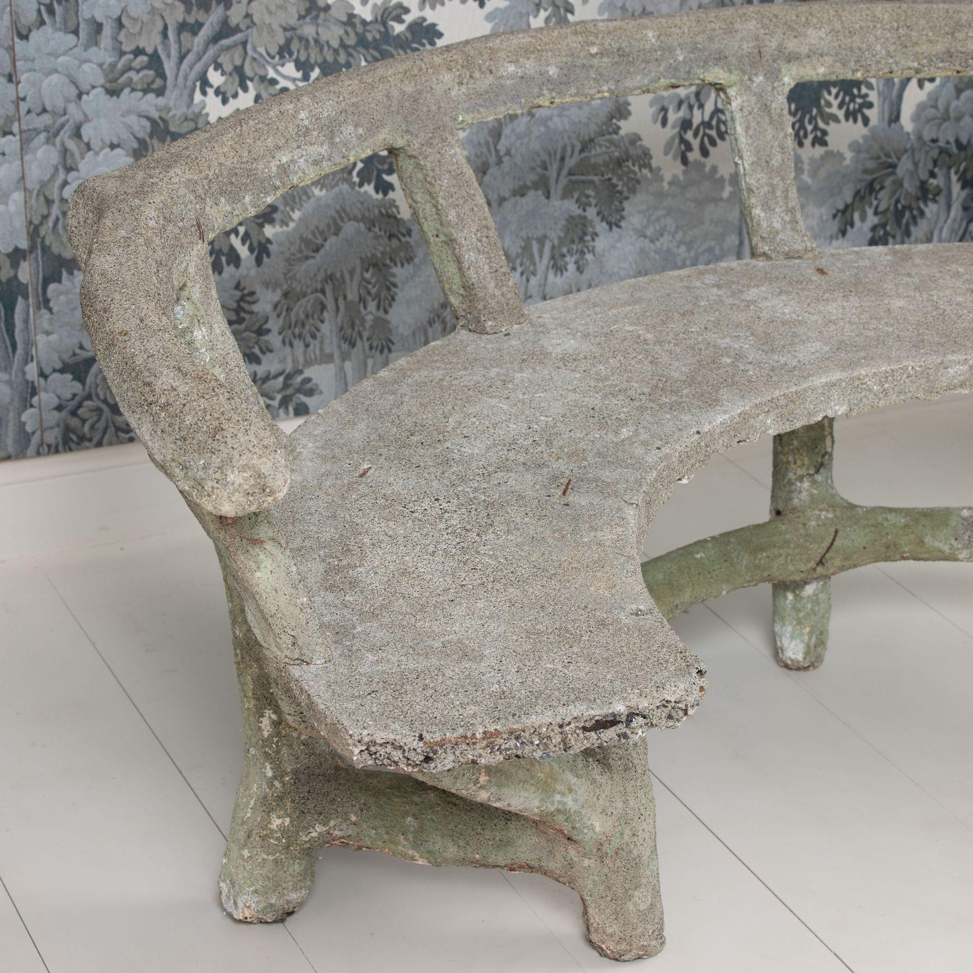 Antique French Faux Bois Concrete Demi Lune Banco de jardín en venta 8