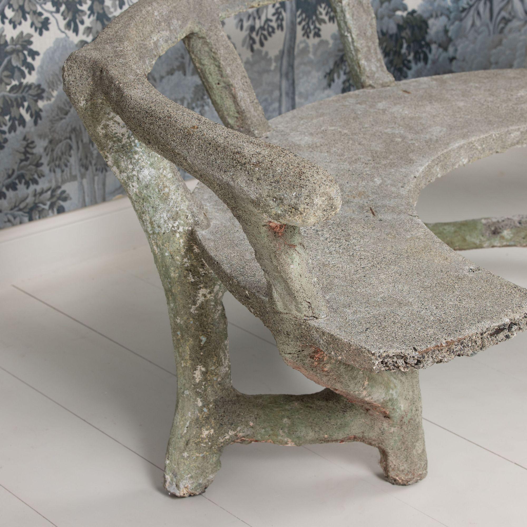 Antique French Faux Bois Concrete Demi Lune Banco de jardín en venta 9