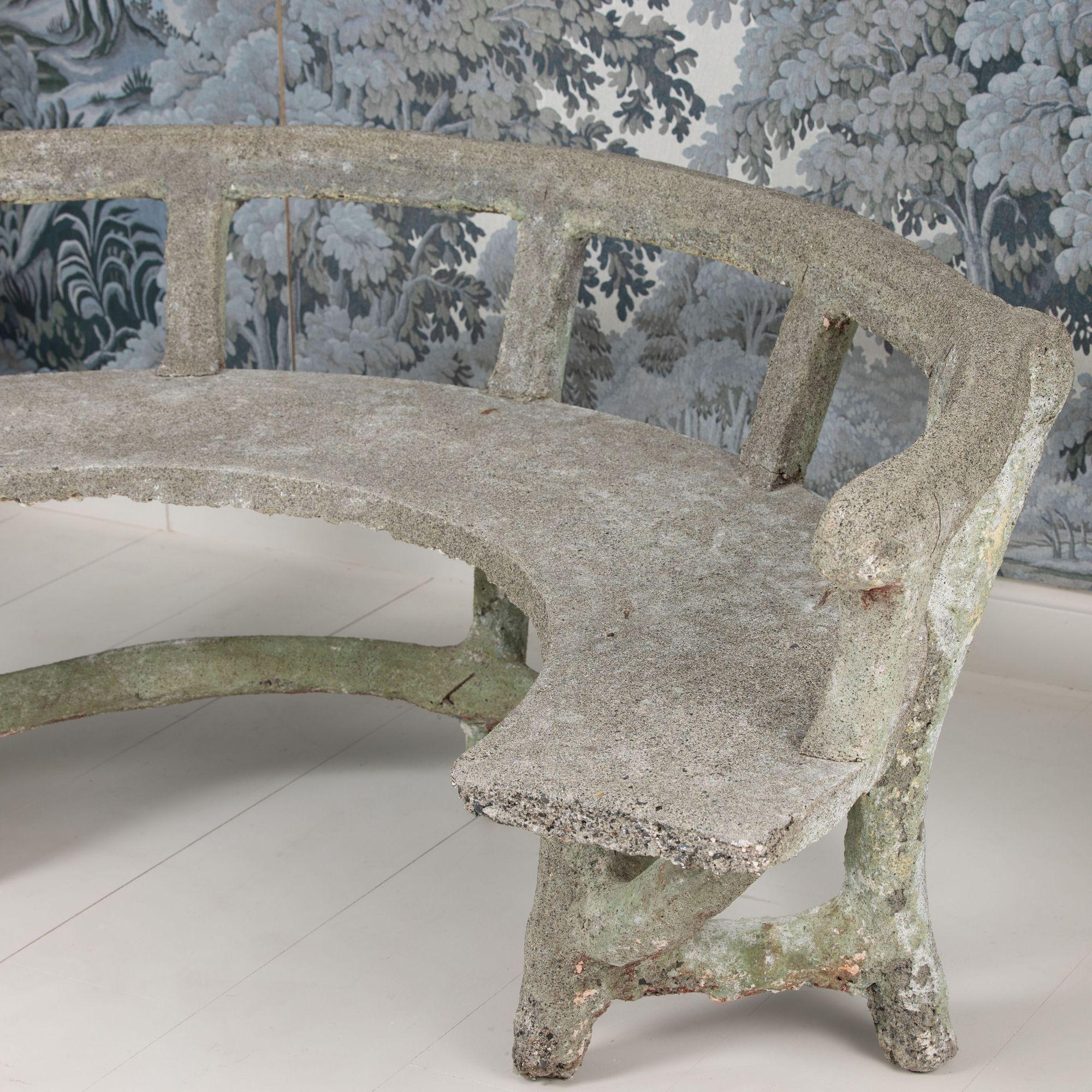 Antique French Faux Bois Concrete Demi Lune Banco de jardín en venta 10