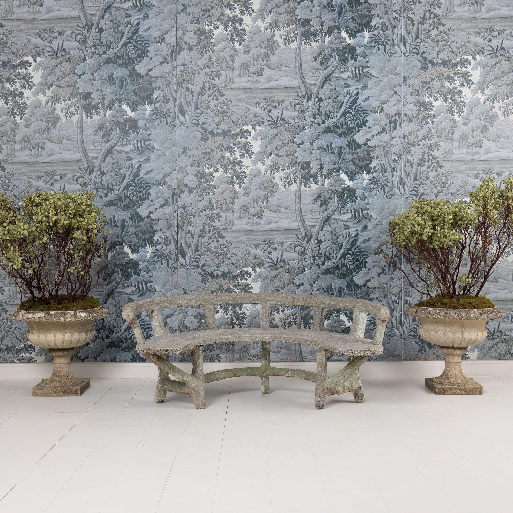 Antique French Faux Bois Concrete Demi Lune Banco de jardín Concreto en venta