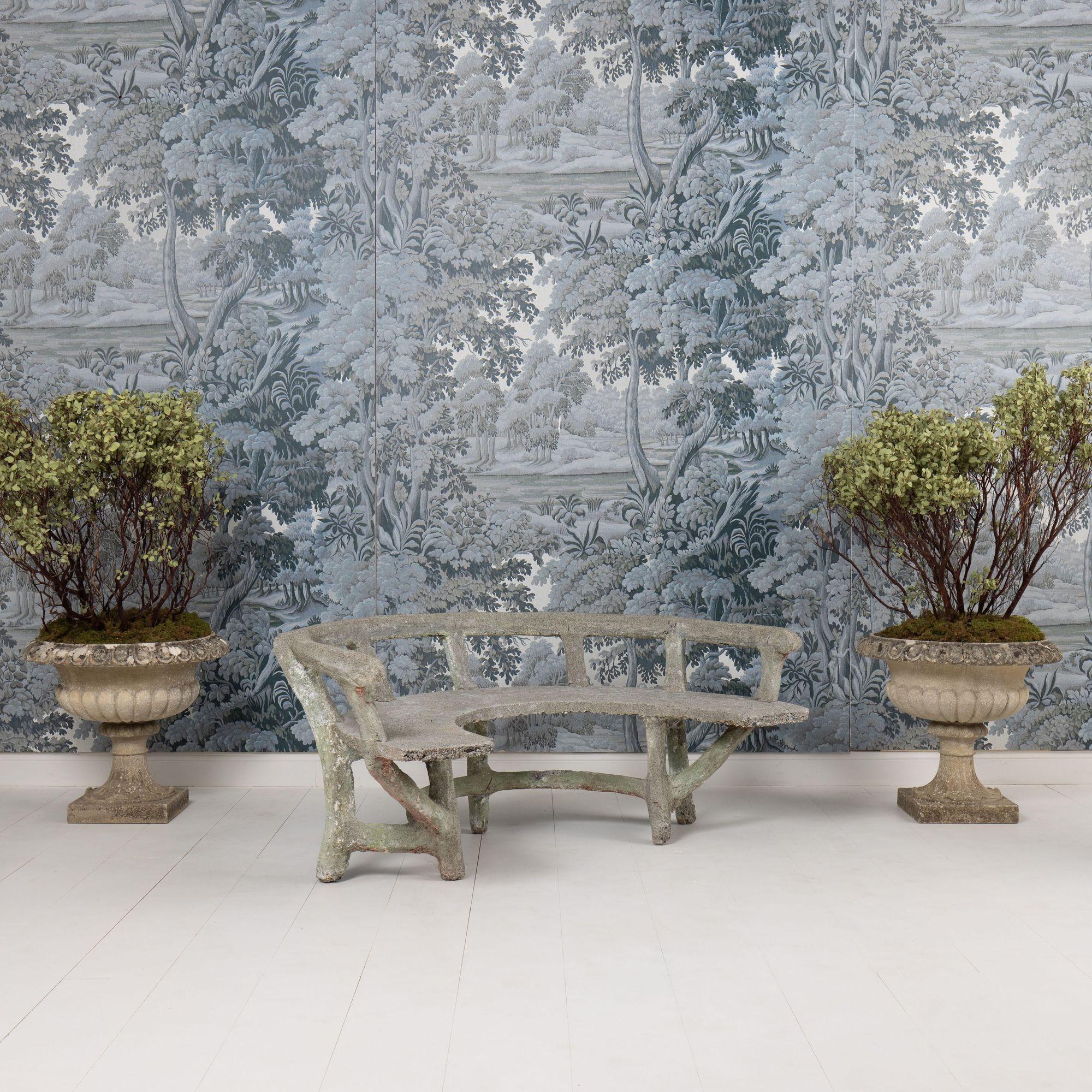 Antique French Faux Bois Concrete Demi Lune Banco de jardín en venta 1