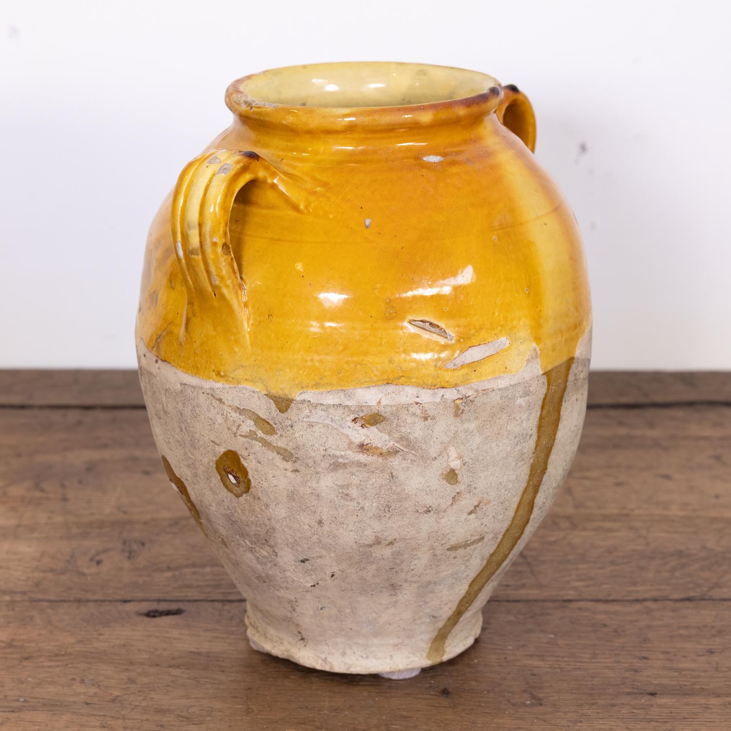 Glazed Antique French Confit Pot or Pot de Confit with Yellow Glaze