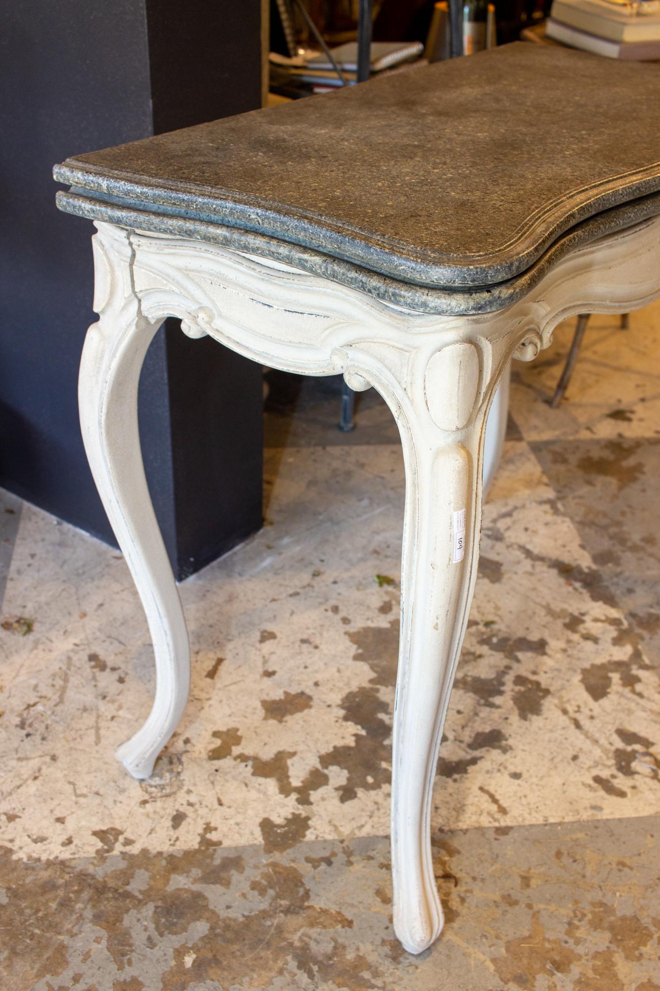 Antique French Console and Game Table with Embossed Leather Top & Painted Finish In Good Condition In Houston, TX