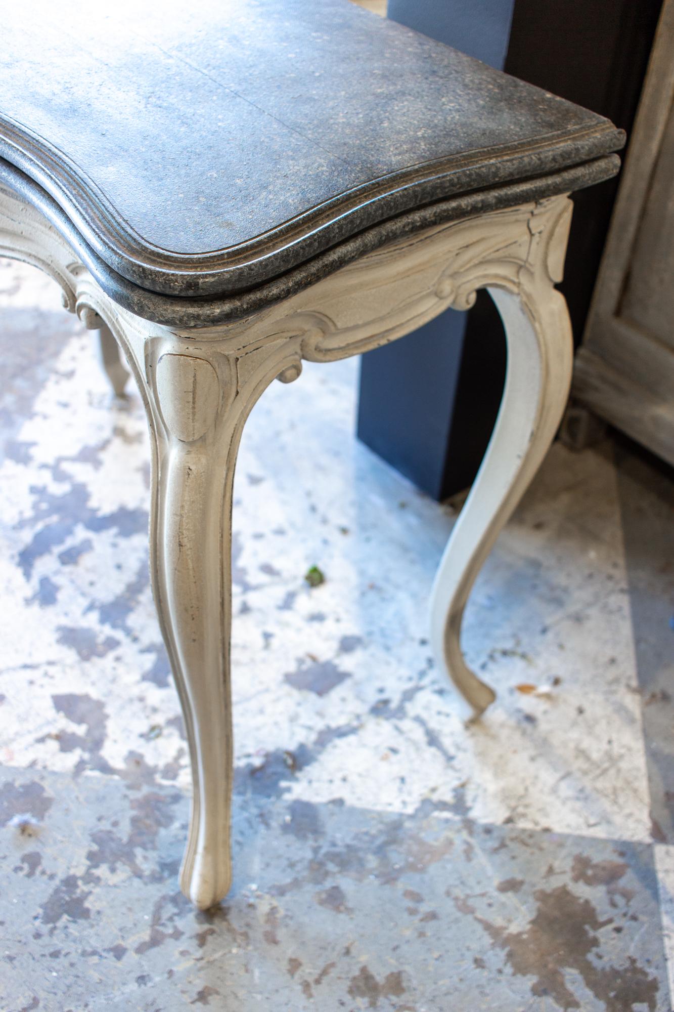 Wood Antique French Console and Game Table with Embossed Leather Top & Painted Finish