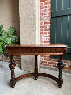 Antique French Console Hall Table Renaissance Revival Demilune Carved Oak c1900