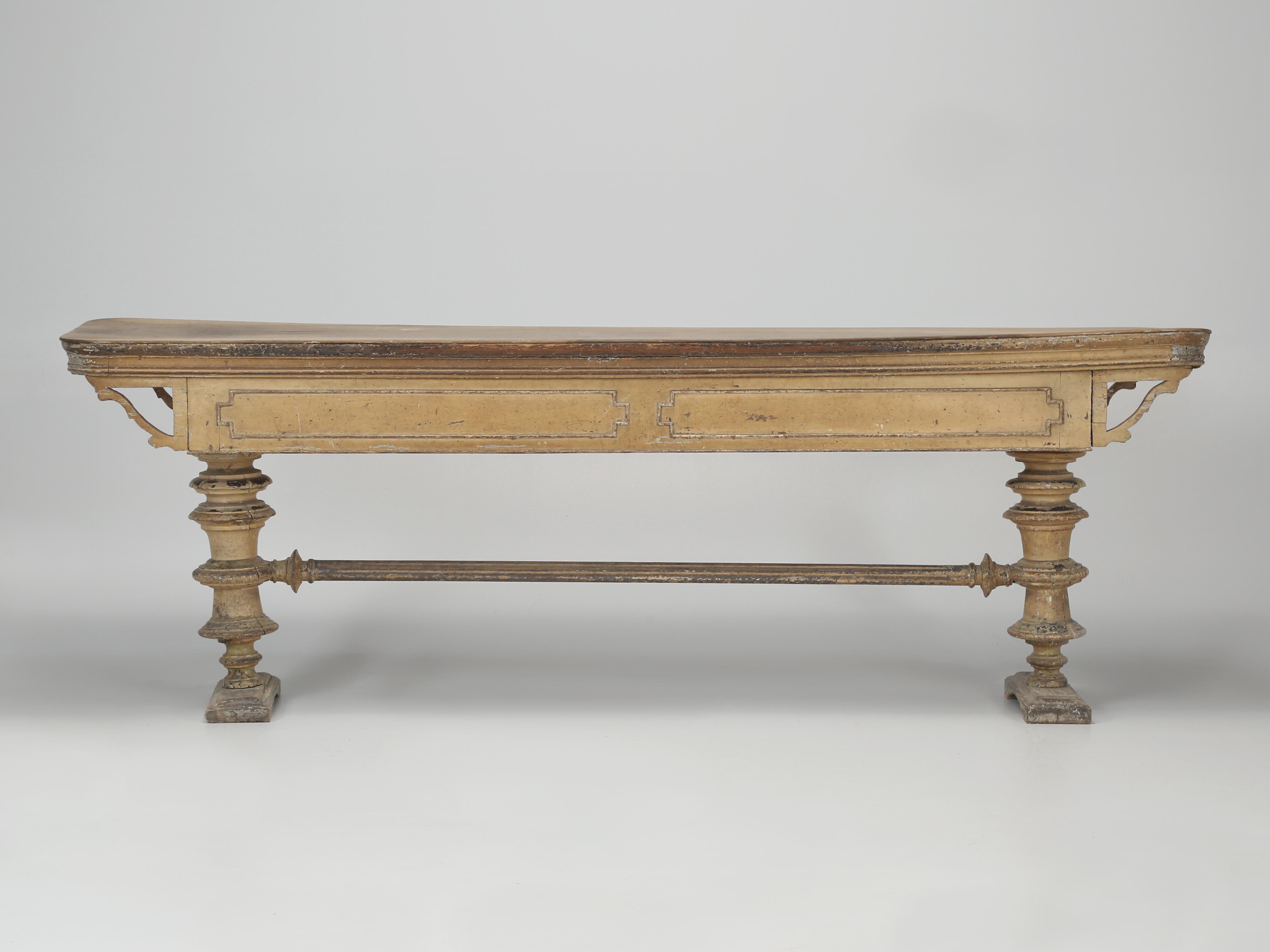 Antique French Console or Sofa Table Gilded Accents, Old Paint and a Walnut Top In Good Condition In Chicago, IL