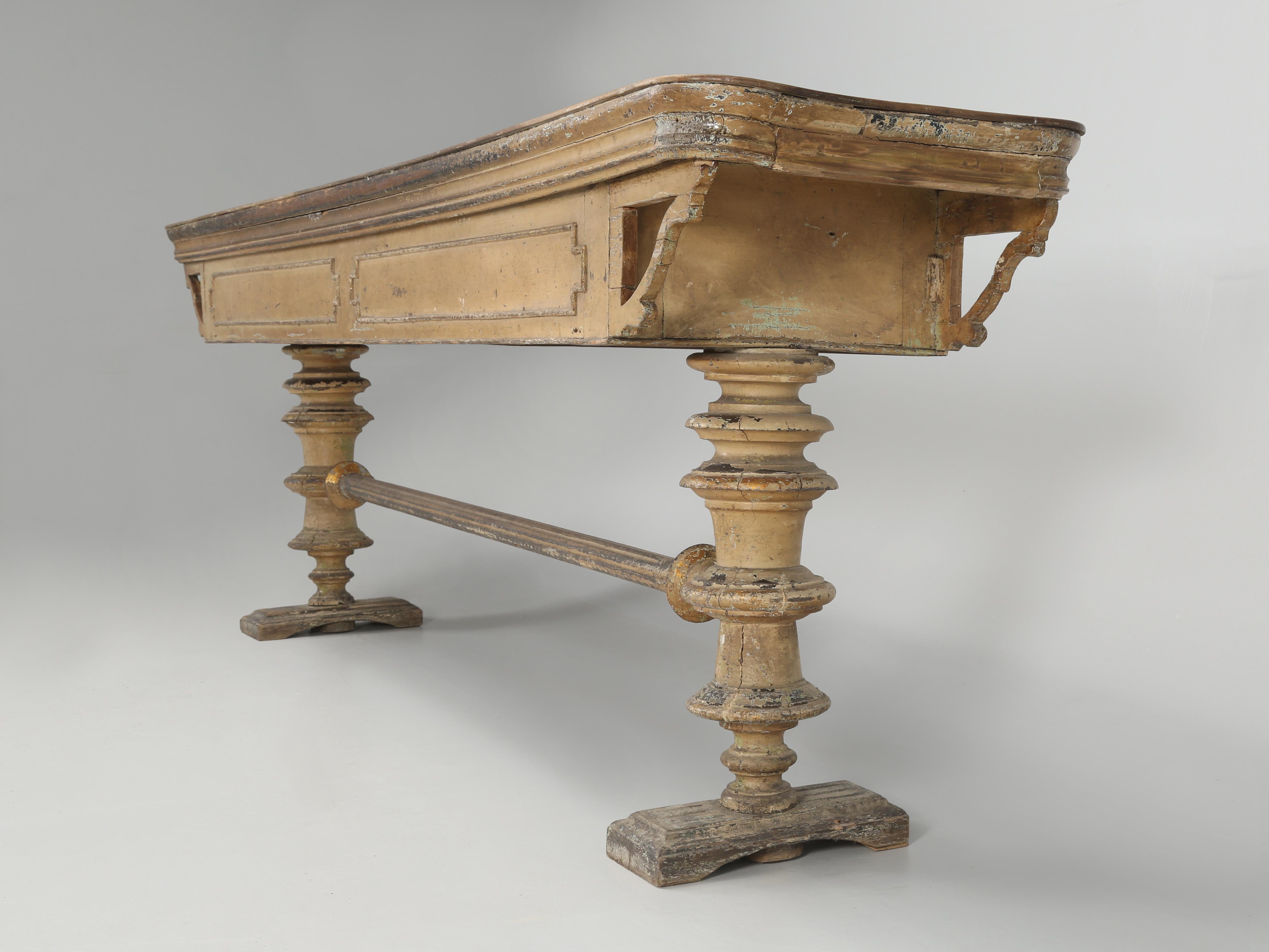 Late 19th Century Antique French Console or Sofa Table Gilded Accents, Old Paint and a Walnut Top