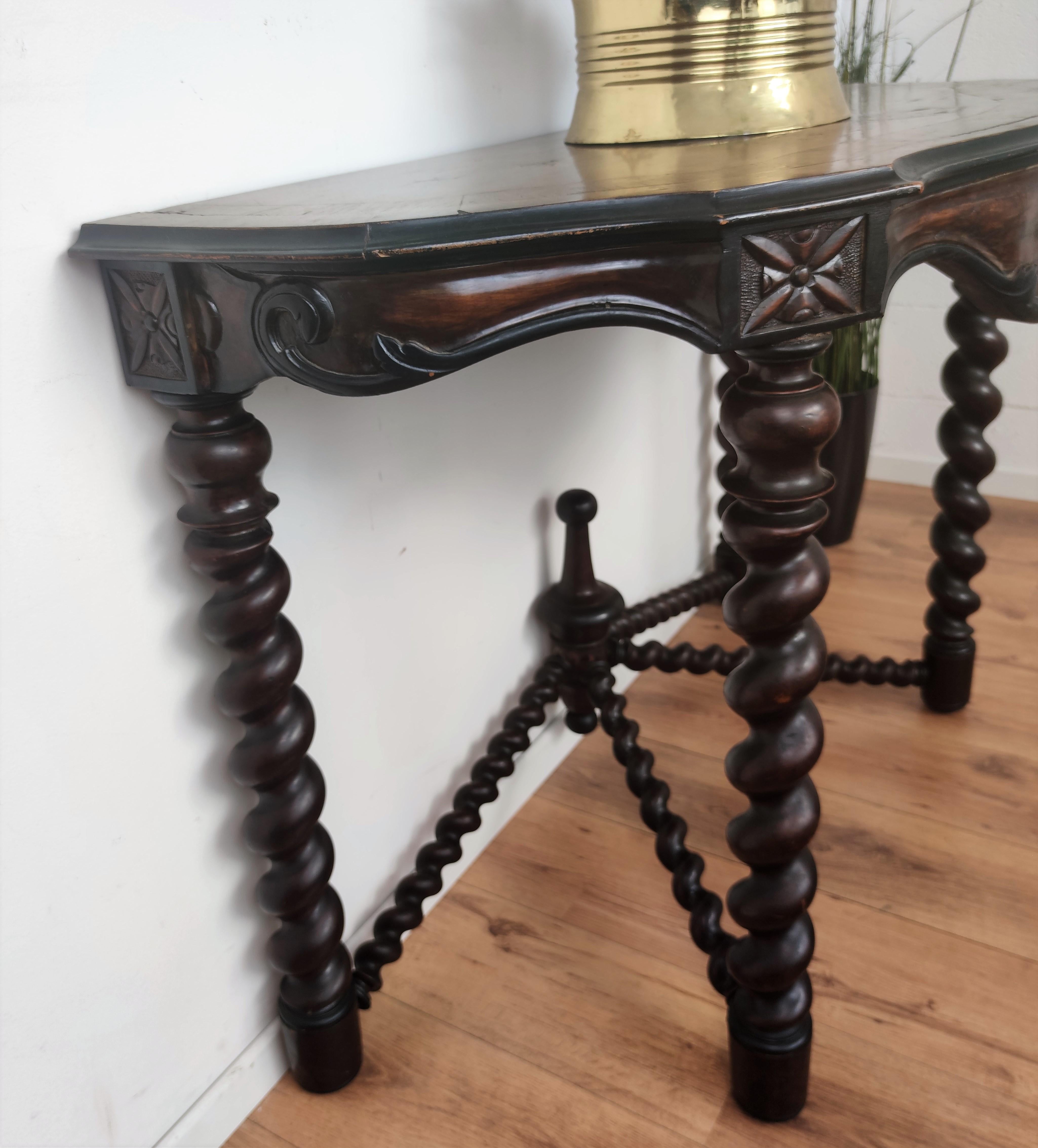 Louis XIII Antique French Console Side Table Carved Oak Beveled Top Barley Twisted Legs For Sale