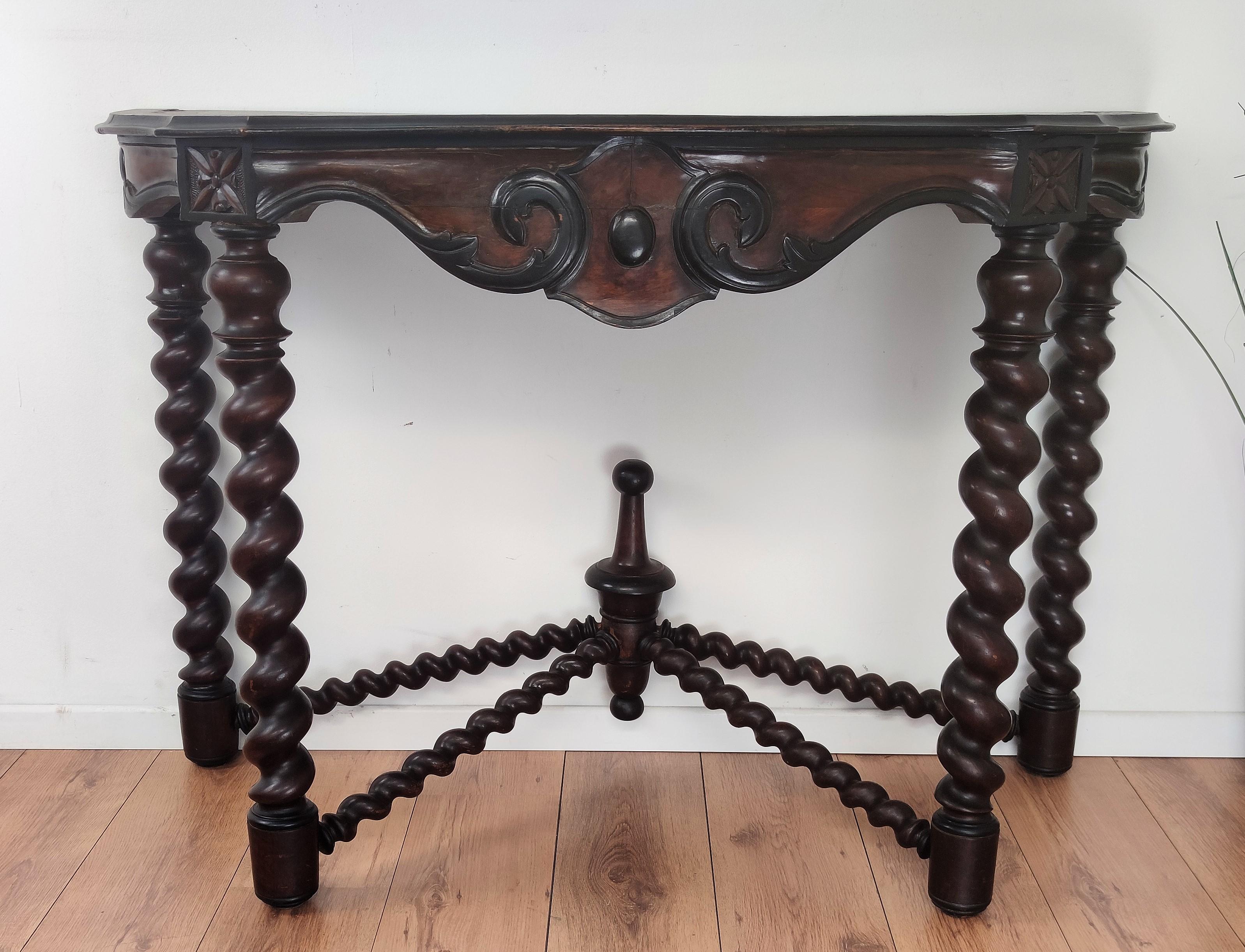 19th Century Antique French Console Side Table Carved Oak Beveled Top Barley Twisted Legs For Sale