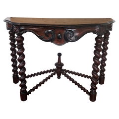 Antique French Console Side Table Carved Oak Beveled Top Barley Twisted Legs
