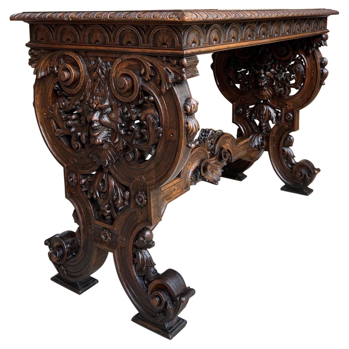 Antique French Console Sofa Table Louis XIV Carved Walnut Lyre Scroll c1880