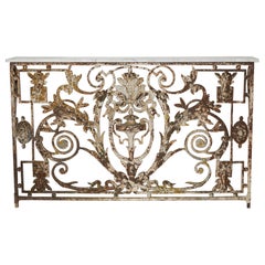 Antique French console table, cast iron, balcony, reclamation, marble, patina