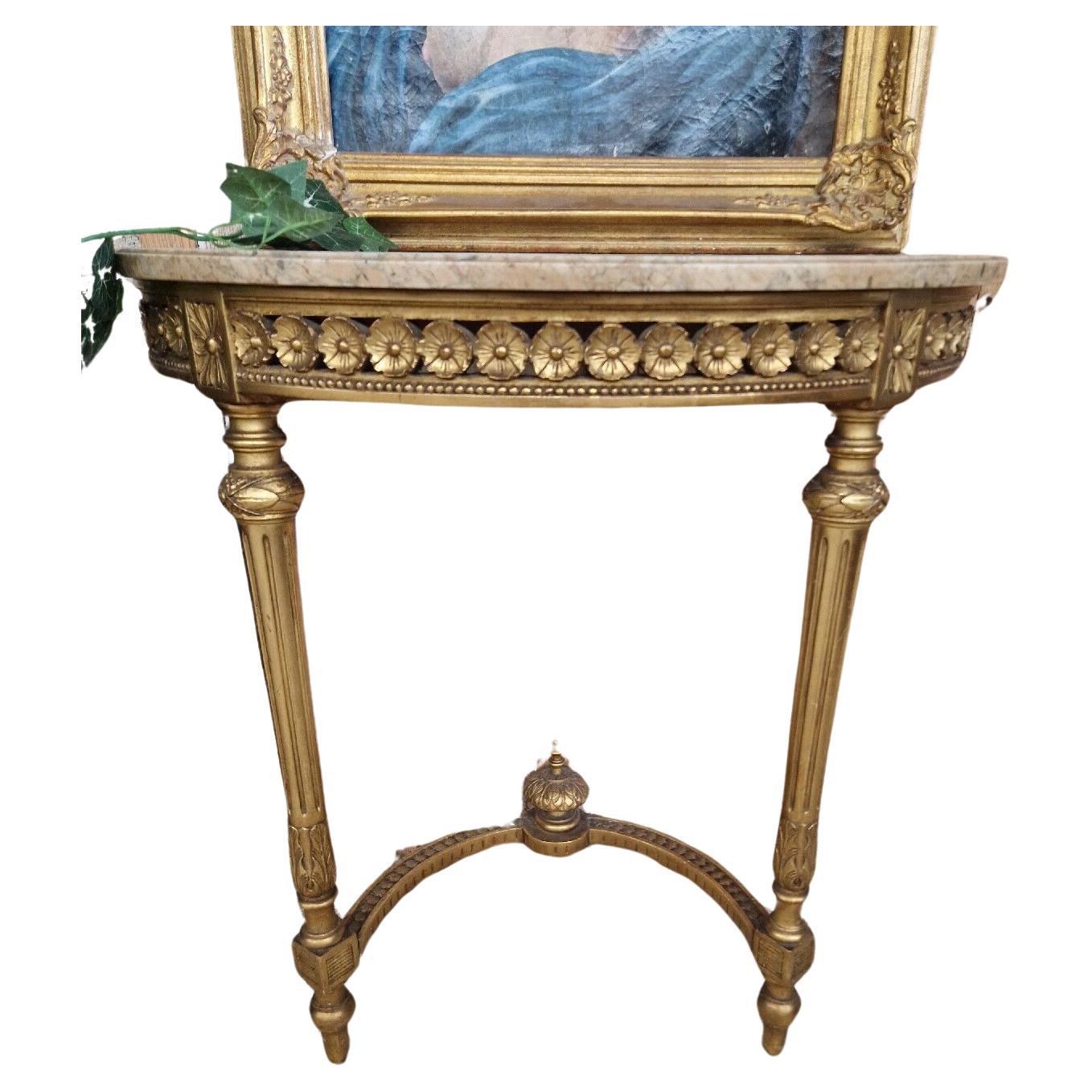 Ancienne table console française de style Louis XVI avec plateau en marbre en vente
