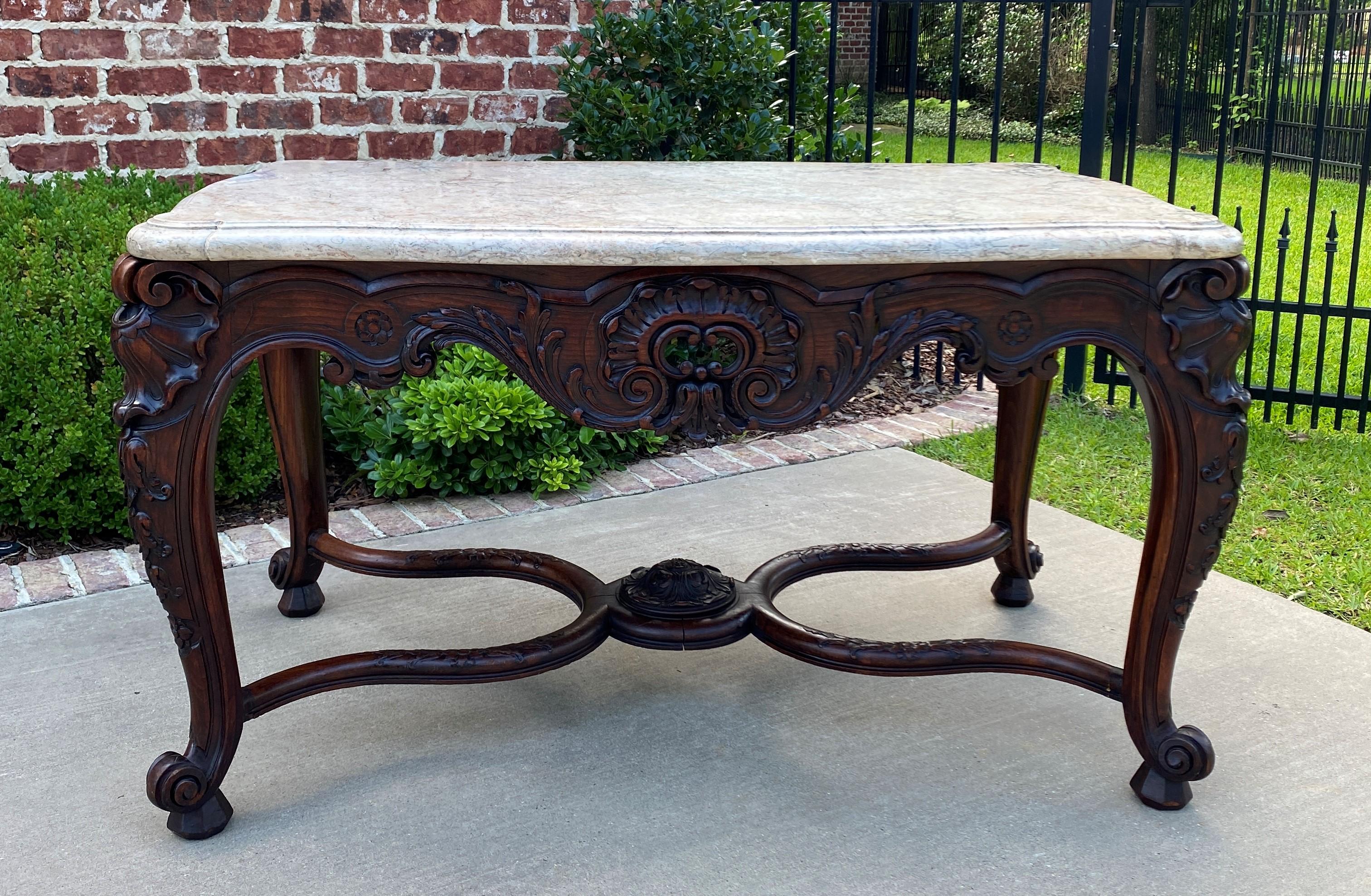Antique French Console Table Marble Top Louis XV Carved Walnut Foyer Sofa Entry For Sale 5